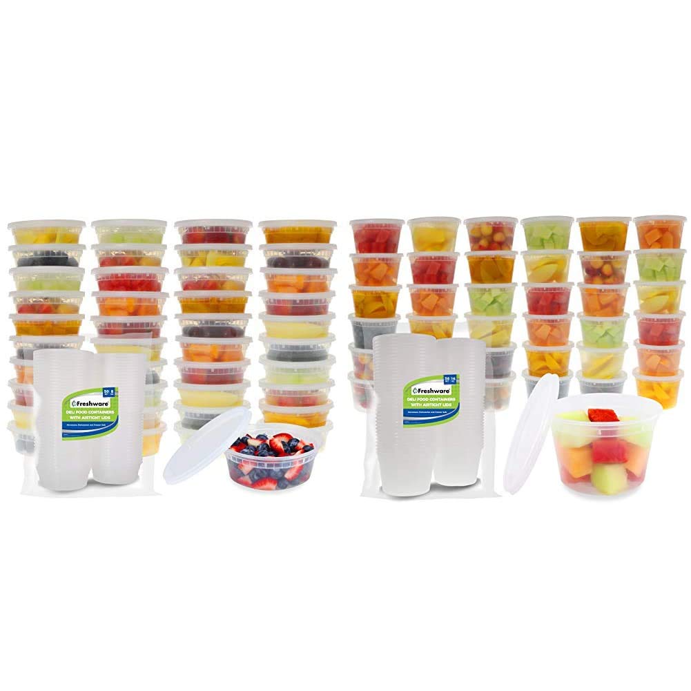Freshware 86-Piece BPA-Free Plastic Food Storage Containers Set - 50 x 8oz & 36 x 16oz Leakproof Deli Containers with Lids - Microwave & Dishwasher Safe for Meal Prep, Leftovers & Restaurant Takeout