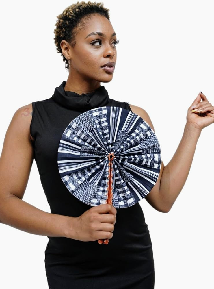 Dupsie's Koumadi Foldable Black and White African Print Ankara Kente Fan - Handheld Cooling Fan for Summer, Weddings & Cultural Events - DPPFB0795