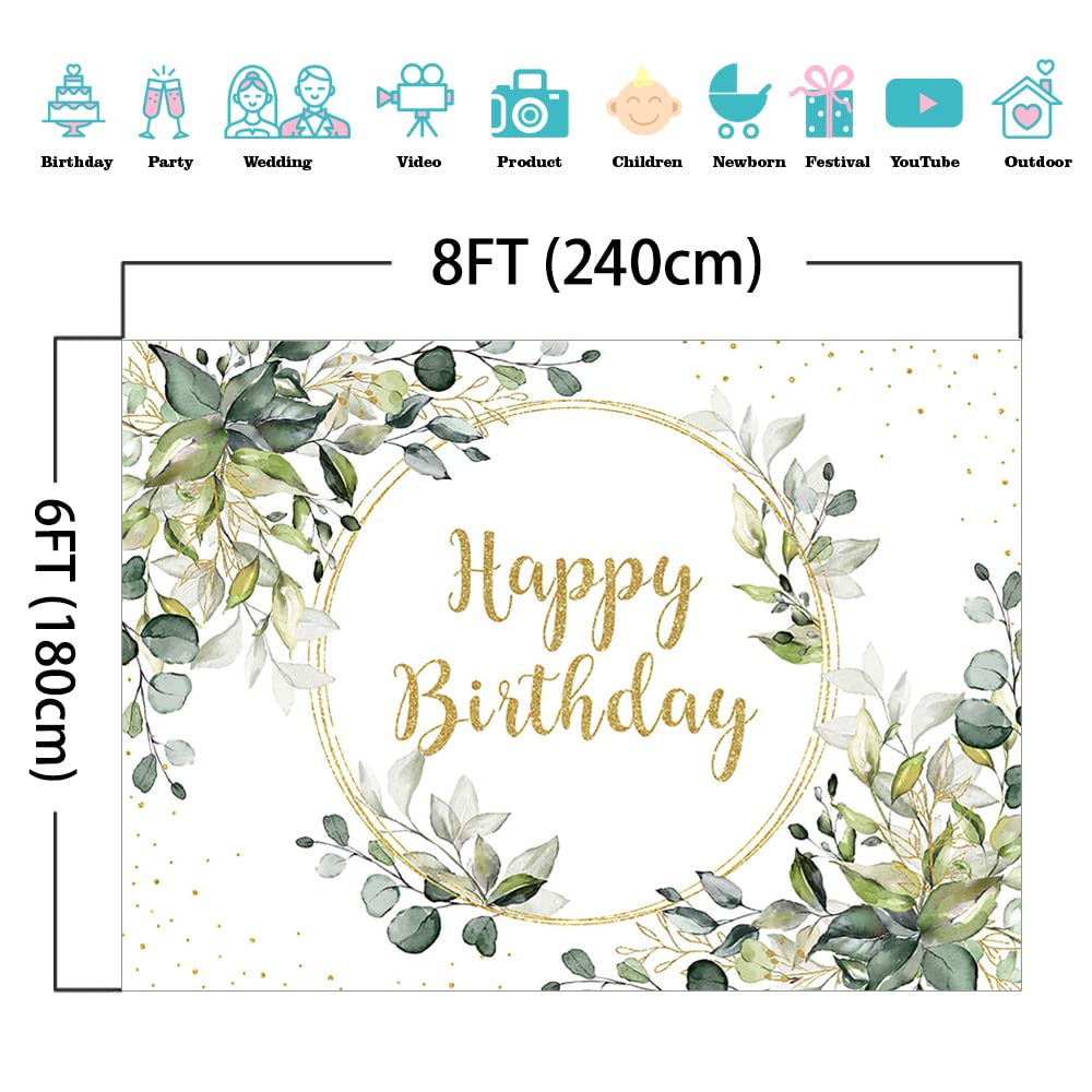 Premium Greenery Gold Birthday Backdrop - 8x6ft Eucalyptus Happy Birthday Party Background for Cake Table, Photo Booth, Decor - Elegant Green Leaves Banner for Wedding, Baby Shower, Anniversary Celebrations