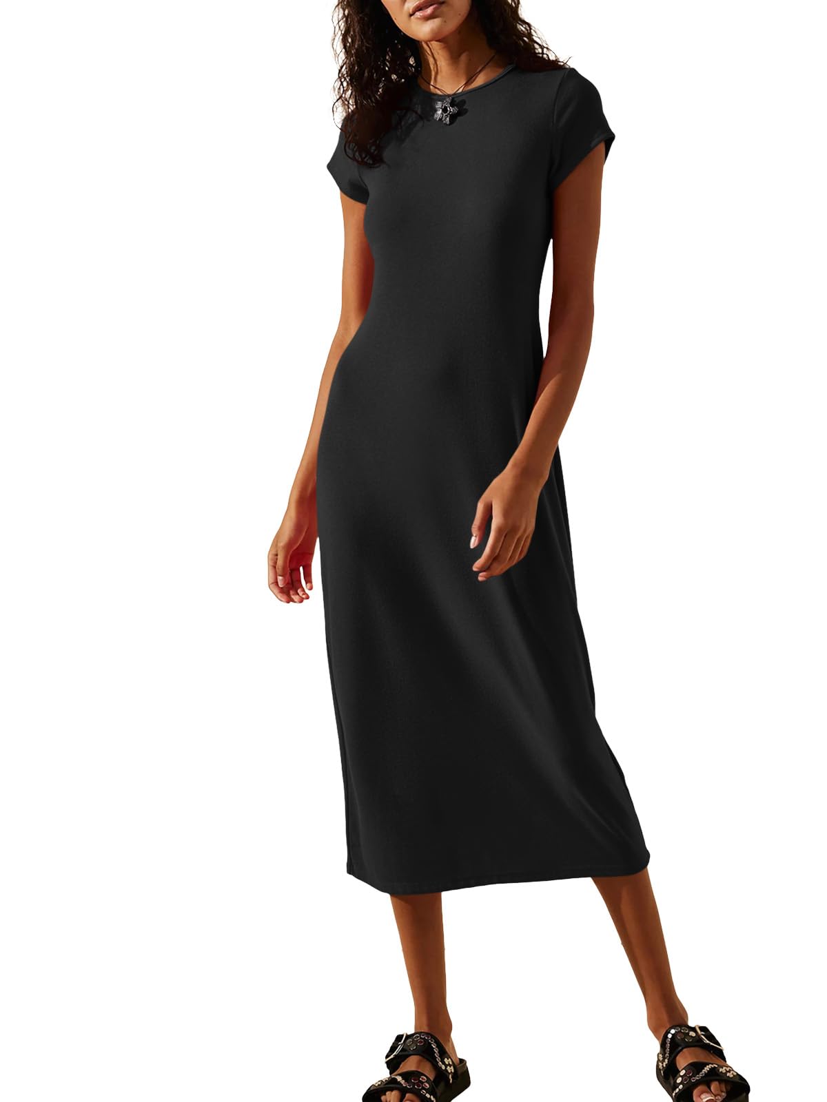 Wenrine Women's Short Sleeve T-Shirt Dress - Summer Crew Neck Basic Casual Midi Dress - Perfect for Beach Outings, Brunch Dates & Everyday Wear