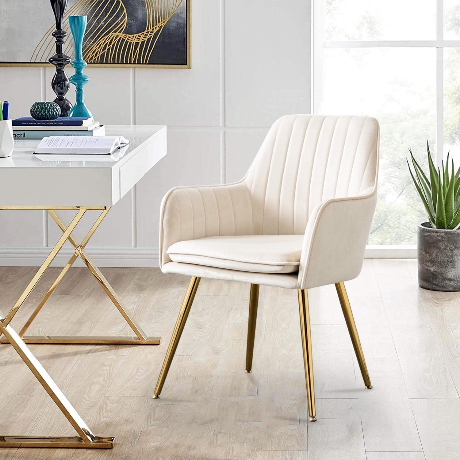 Altrobene Velvet Accent Chair - Modern Golden Finished Beige Armchair for Living Room, Bedroom, Home Office & Vanity | Comfortable Seating for Relaxing, Working & Makeup