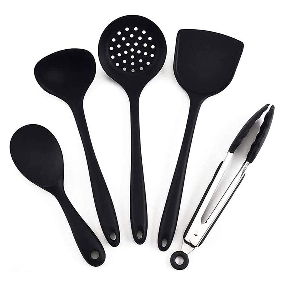 Premium 5-Piece Silicone Kitchen Utensil Set - Heat-Resistant Spatula, Mixing Spoon, Rice Scoop, Food Tongs & Colander - Non-Slip Black Cooking Tools for Baking, Stirring & Serving (Dishwasher Safe)