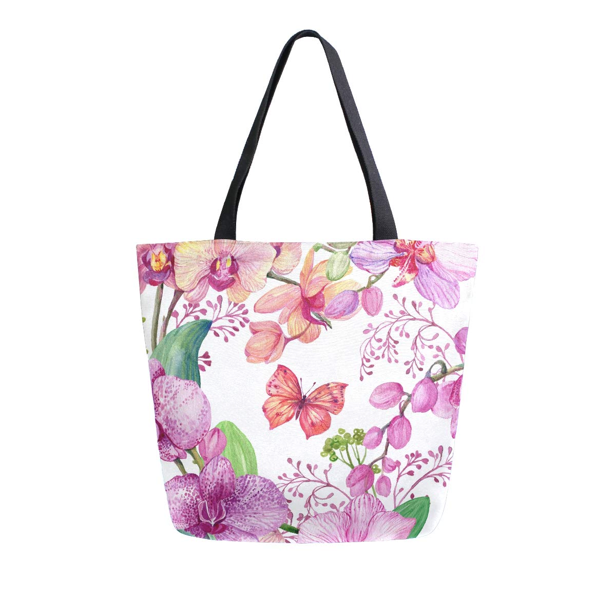 Floral Canvas Tote Bag with Leaf & Butterfly Print - Large Reusable Grocery Shopping Bag with Pockets for Women & Men - Perfect for Work, Travel, Beach & Daily Errands