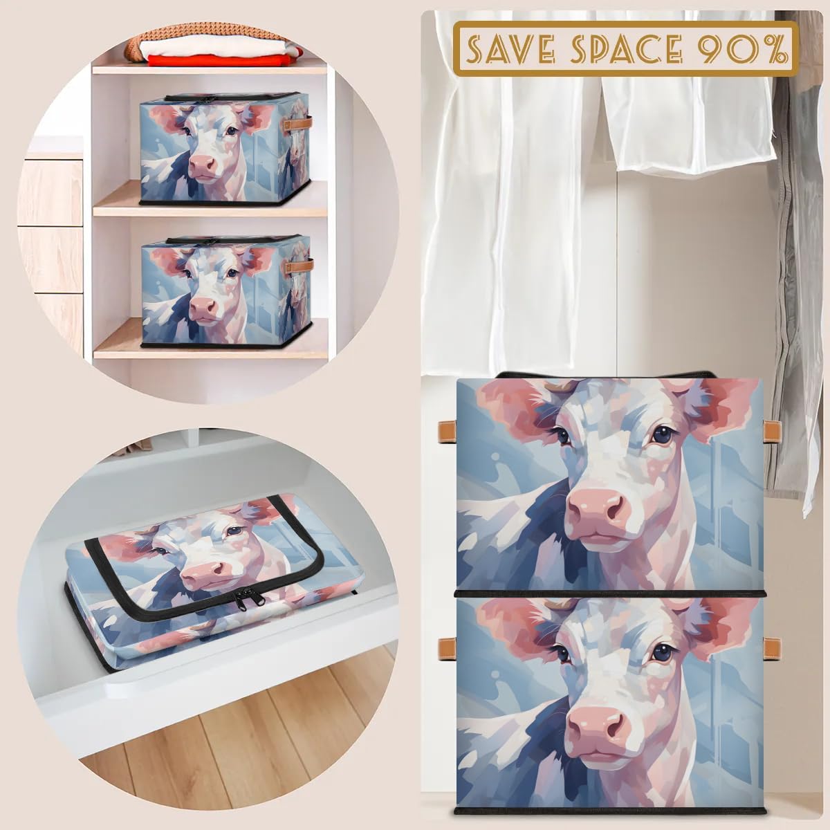 Collapsible Fabric Storage Bins with Lids - Cow Print Stackable Organizer Cubes for Closet, Home & Office | Dustproof Foldable Storage Box for Clothes, Toys, Blankets & Seasonal Items | Perfect for Bedroom, Nursery & Dorm Organization