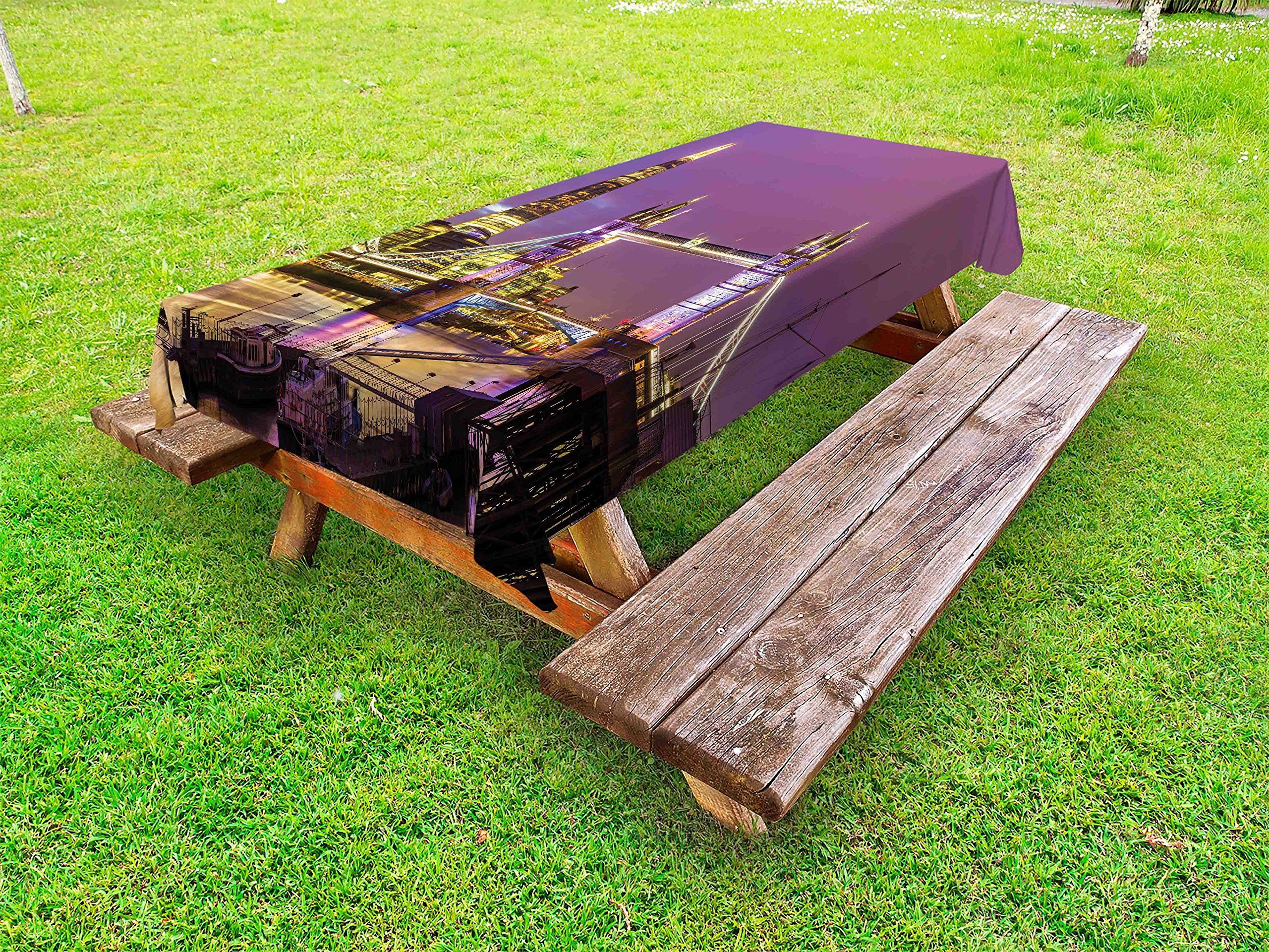 Ambesonne London Themed Outdoor Tablecloth - Tower Bridge at Night, Historical British Cultural Monument, Waterproof & Washable Picnic Table Cover, 58x120 Inches, Purple & Yellow - Perfect for Garden Parties, BBQs, and Outdoor Dining