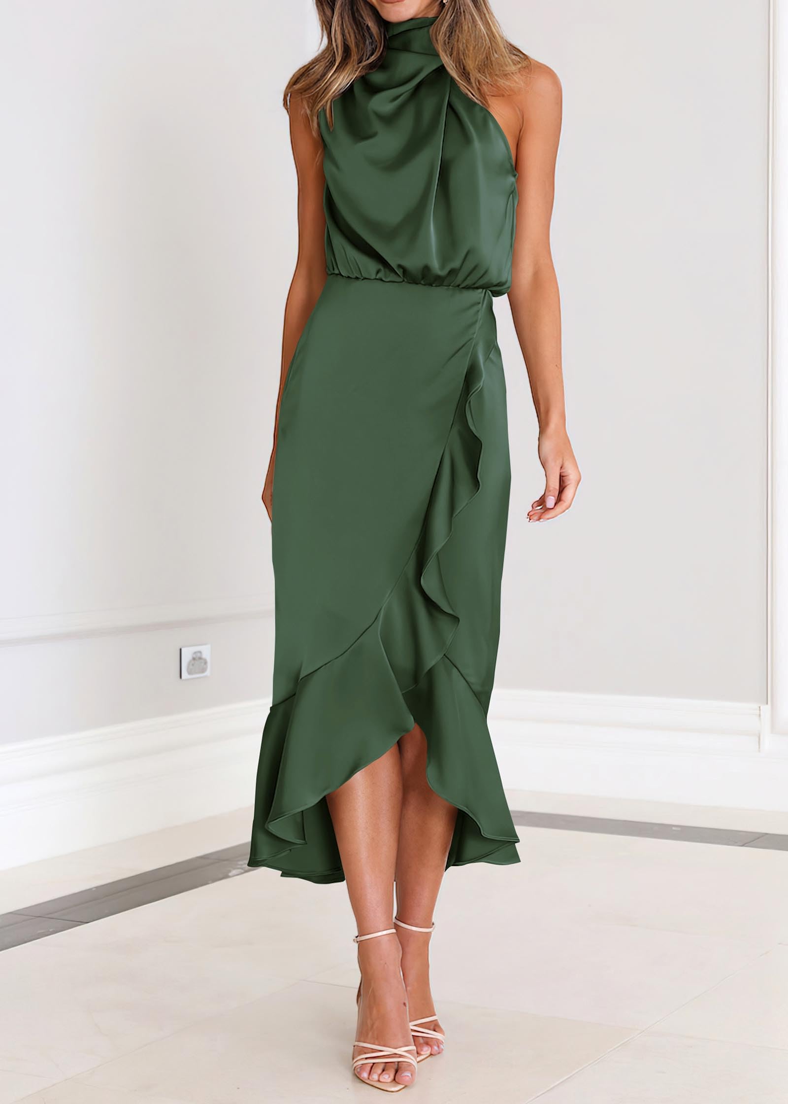KIRUNDO Women's 2025 Summer Satin Mock Neck Cocktail Dress - Sleeveless Wrap Midi Dress with Ruffle Detail for Wedding Guest, Party & Formal Occasions | Perfect for Bridal Shower, Evening Gala & Special Events