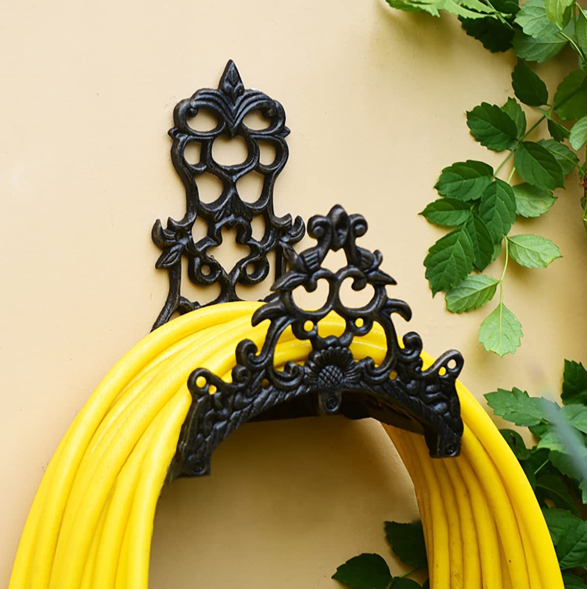 Heavy Duty Cast Iron Garden Hose Holder - Wall Mounted Hose Hanger for 50FT 75FT 100FT Water Pipe Storage | Decorative Yard Hose Butler & Rack Reel | Perfect for Outdoor Garden, Lawn, and Patio Organization
