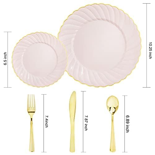 125-Piece Pink Plastic Dinnerware Set with Gold Rim - Includes 25 Dinner Plates, 25 Dessert Plates & 75 Gold Plastic Cutlery for Weddings, Birthdays, Parties & Special Events - Elegant Disposable Tableware for Catering, Picnics & Outdoor Gatherings