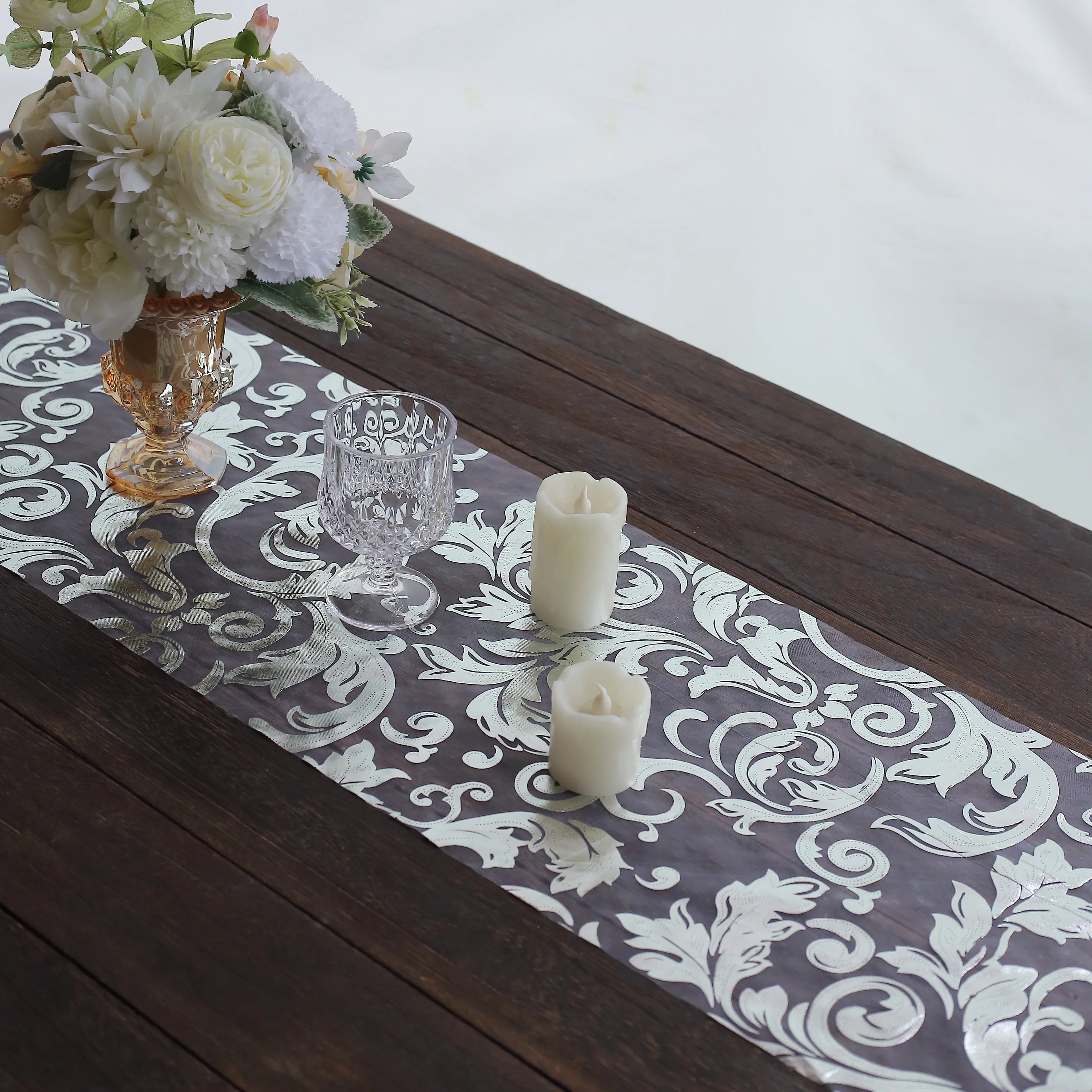 12-Pack 108-Inch Metallic Sheer Organza Table Runners with Elegant Swirl Floral Design - Perfect for Weddings, Parties, and Holiday Decorations