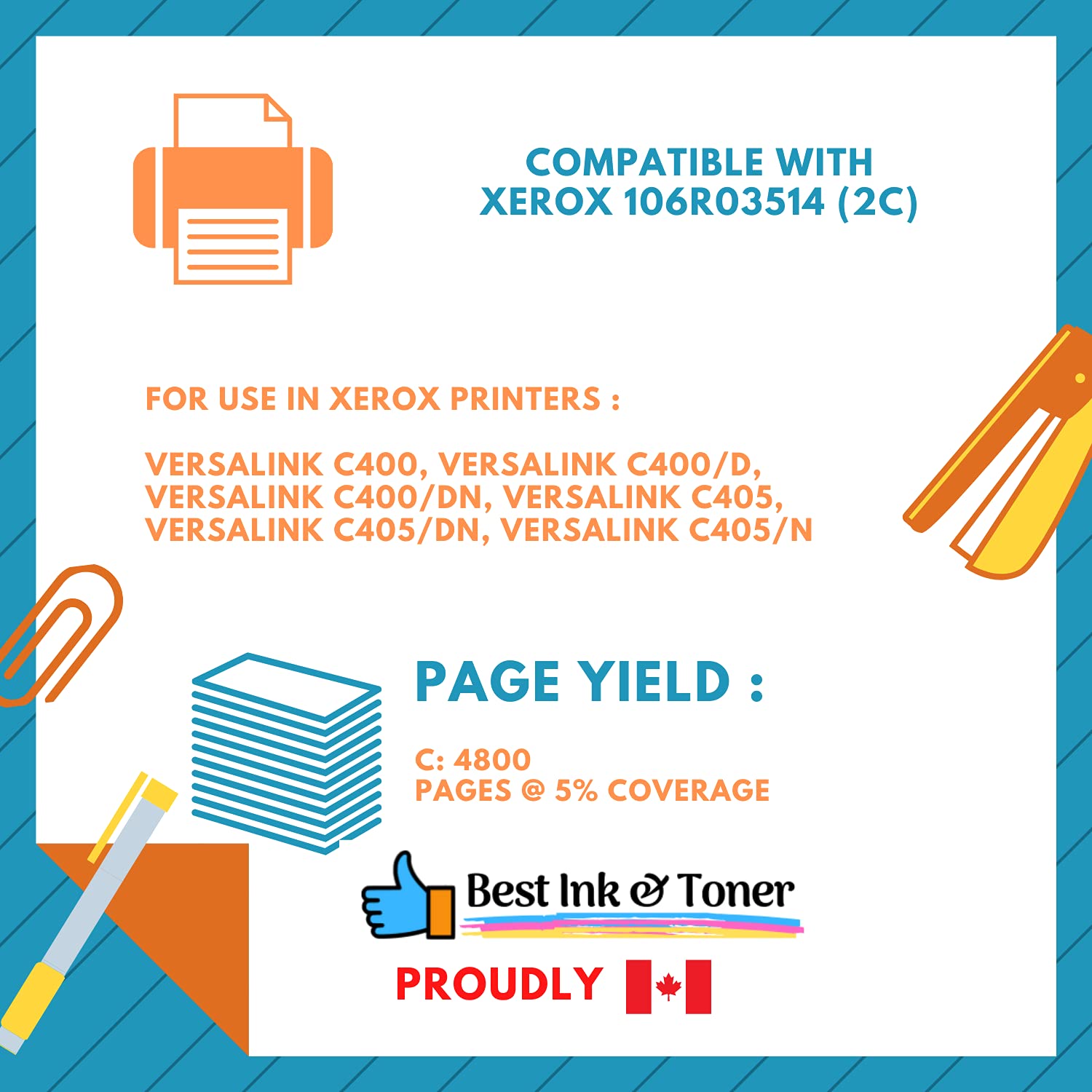 High Yield Cyan Toner Cartridge (2-Pack) - Compatible with Xerox 106R03514 for VersaLink C400/C400D/C400DN/C405/C405DN/C405N Printers - Ideal for Office Printing & High Volume Documents
