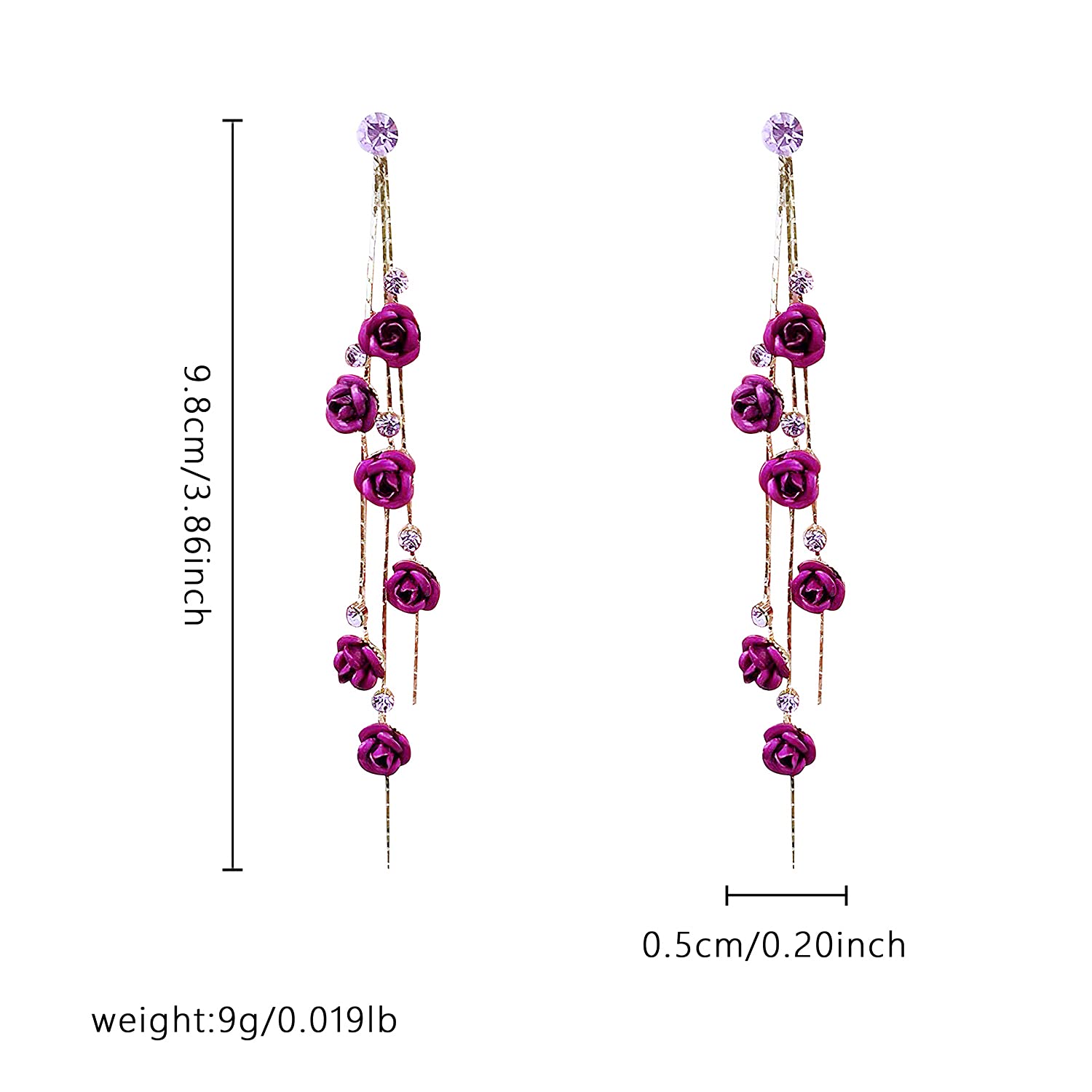 3D Rose Flower Crystal Long Tassel Drop Earrings for Women | CZ Rhinestone Rose Fashion Jewelry | Purple & Red Dangle Earrings | Perfect for Weddings, Parties & Gifts | Elegant Evening Wear & Special Occasion Accessories