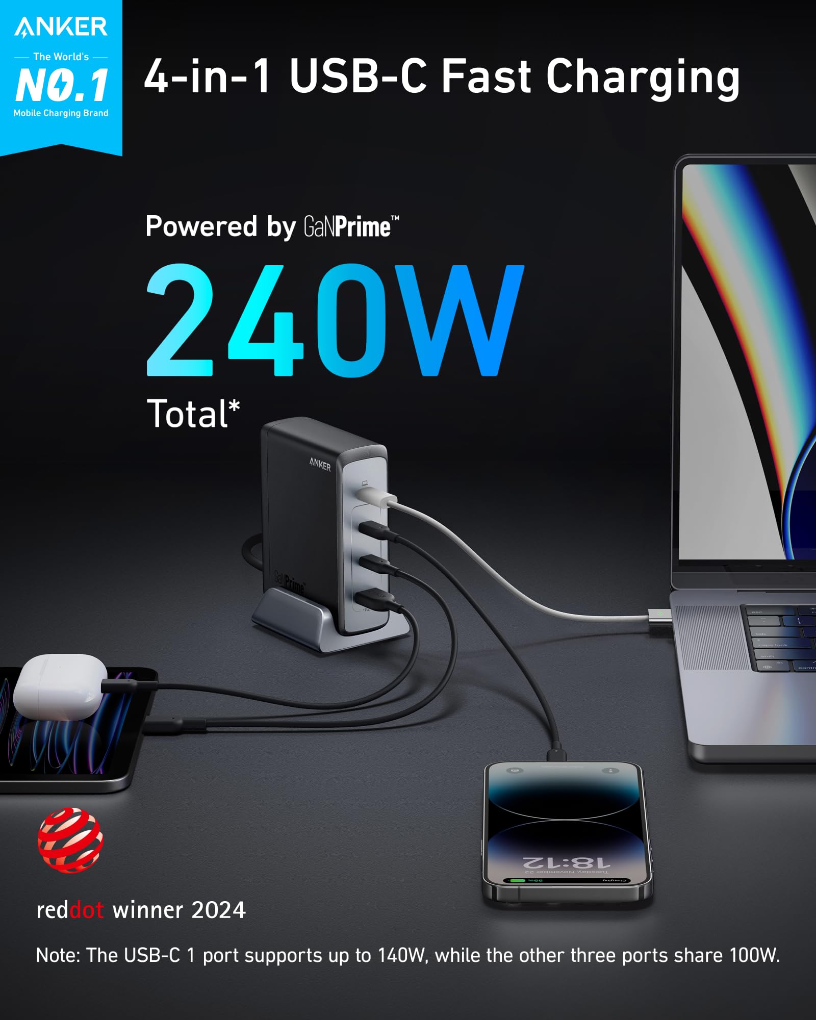 Anker Prime 240W GaN USB C Fast Charger - 4-Port Compact Wall Charger for MacBook Pro/Air, iPhone 16/15/Pro, iPad, Dell XPS, Galaxy S23/S22 - Perfect for Home, Office & Travel Charging Multiple Devices Simultaneously