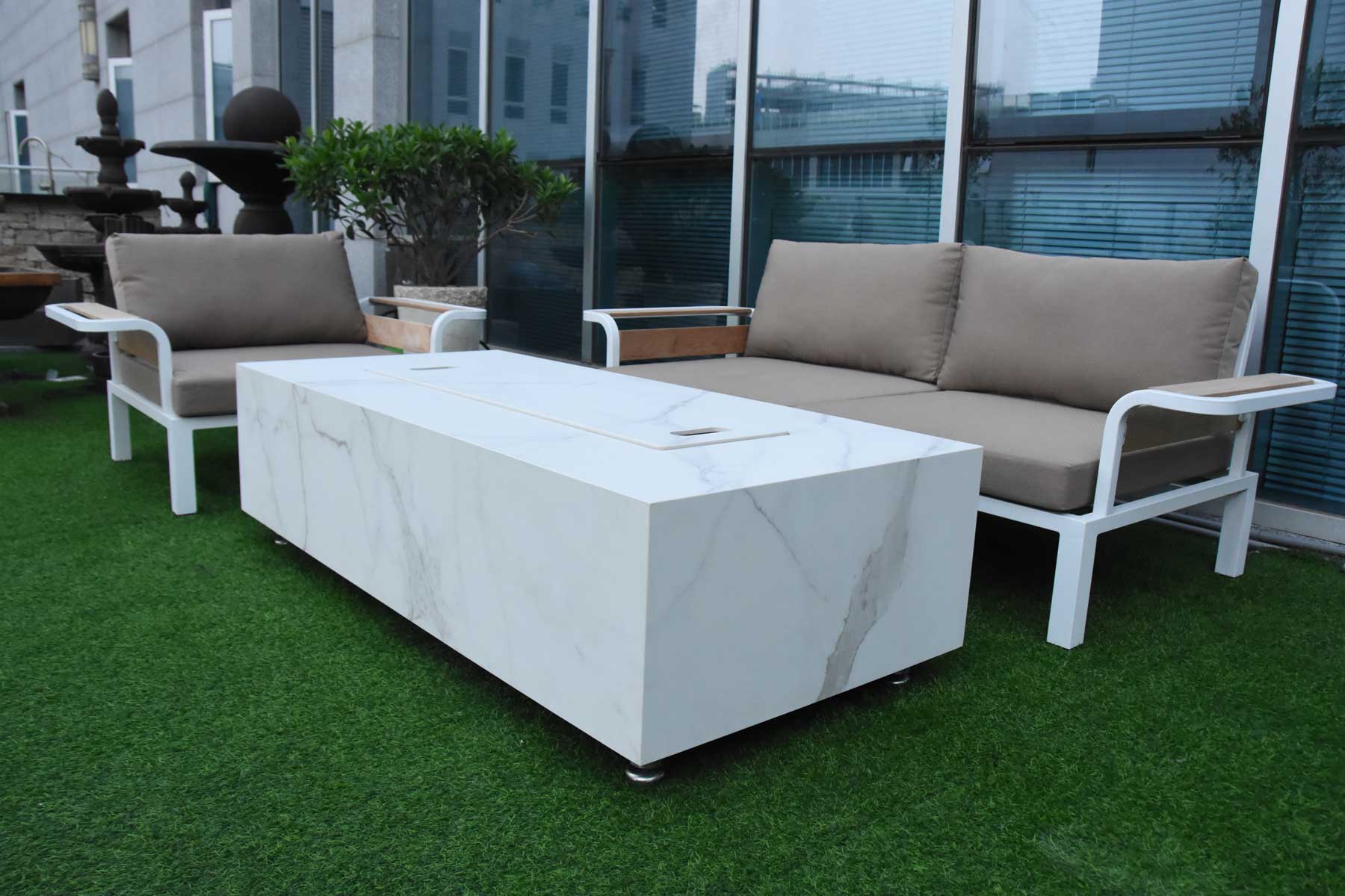 Premium Carrara Black Porcelain & Metal Frame Fire Pit Table - Outdoor Patio Heater for Backyard, Garden, Deck - Elementi OFP121BW Fire Table