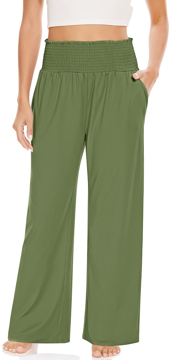 UEU Women's Smocked Ruffle High Waisted Wide Leg Pants - Casual Loose Yoga Sweatpants Lounge Pajamas with Pockets - Perfect for Yoga, Lounging & Travel