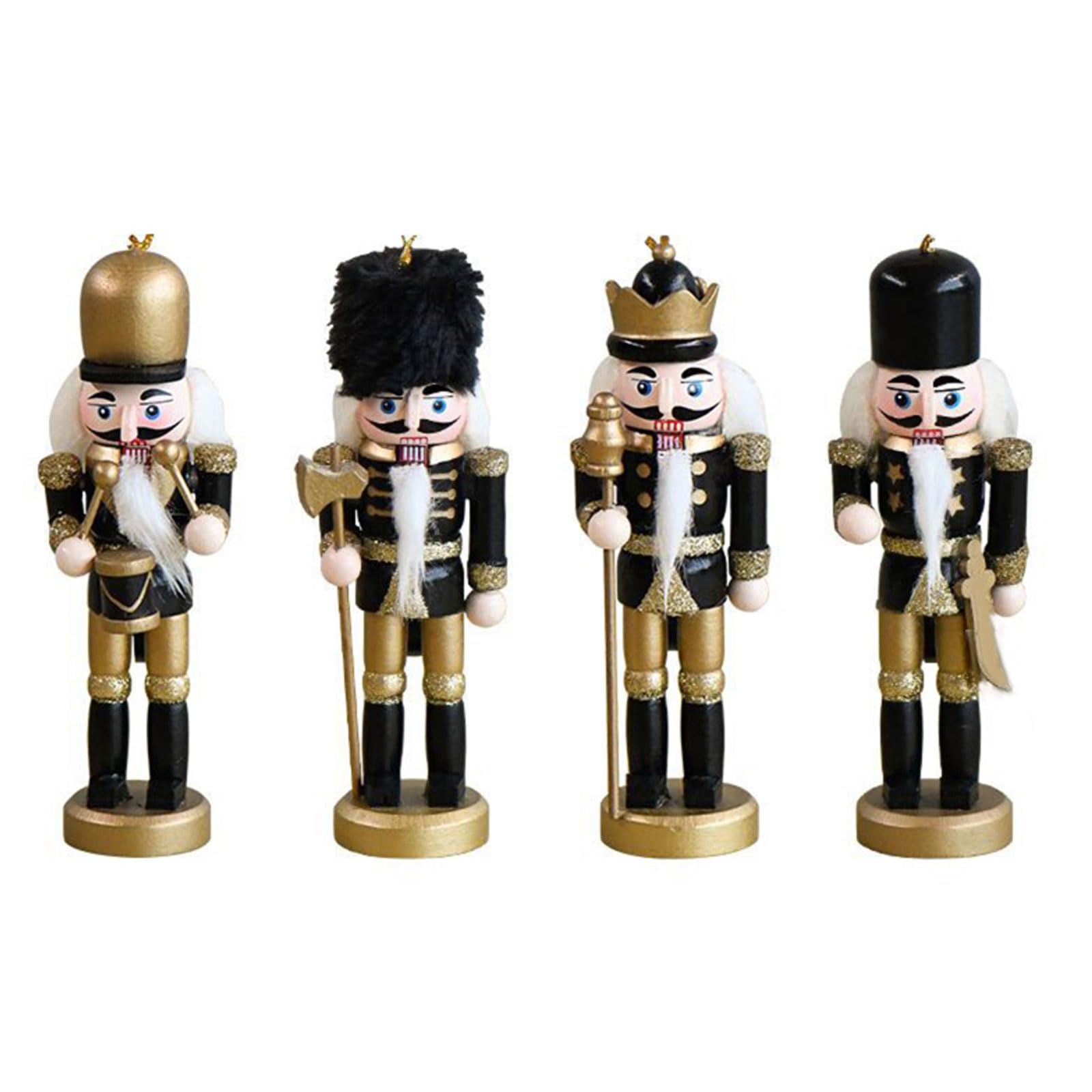 Wooden Nutcracker Christmas Ornaments Set - Gold & Black Glittered Hanging Decor for Tree, Holiday Figures, Puppet Toy Gifts - Perfect for Christmas Tree Decorations, Home Holiday Party & Festive Gift Giving