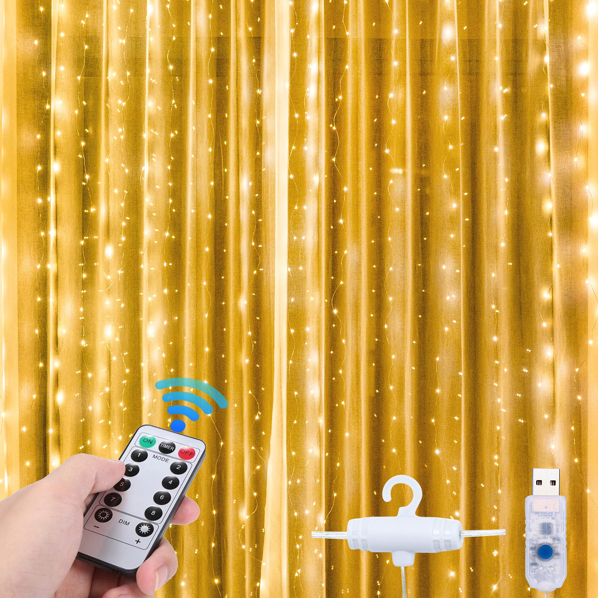 300 LED Fairy Lights with Remote - USB Powered Window Curtain String Lights for Bedroom, Wedding & Party Decor - Warm White Twinkle Lights for Indoor/Outdoor Use - Perfect for Bedroom Wall, Window Decor & Special Events