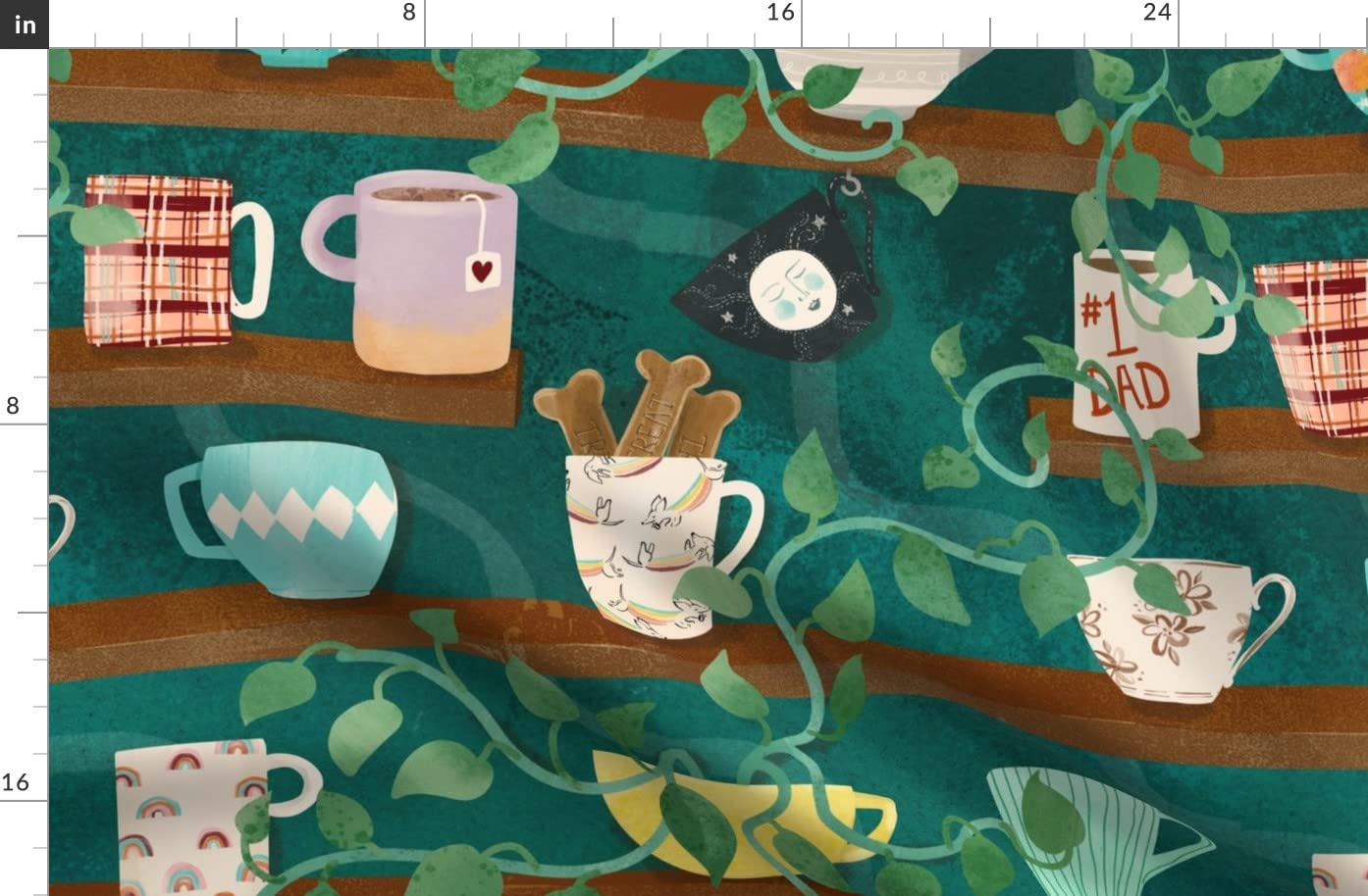 Premium Spoonflower Fleece Fabric - Teal Fruit Plants Coffee Tea Dogs Print - Fat Quarter for Sewing Blankets, Loungewear & No-Sew DIY Projects | Perfect for Cozy Home Decor, Baby Blankets & Crafting