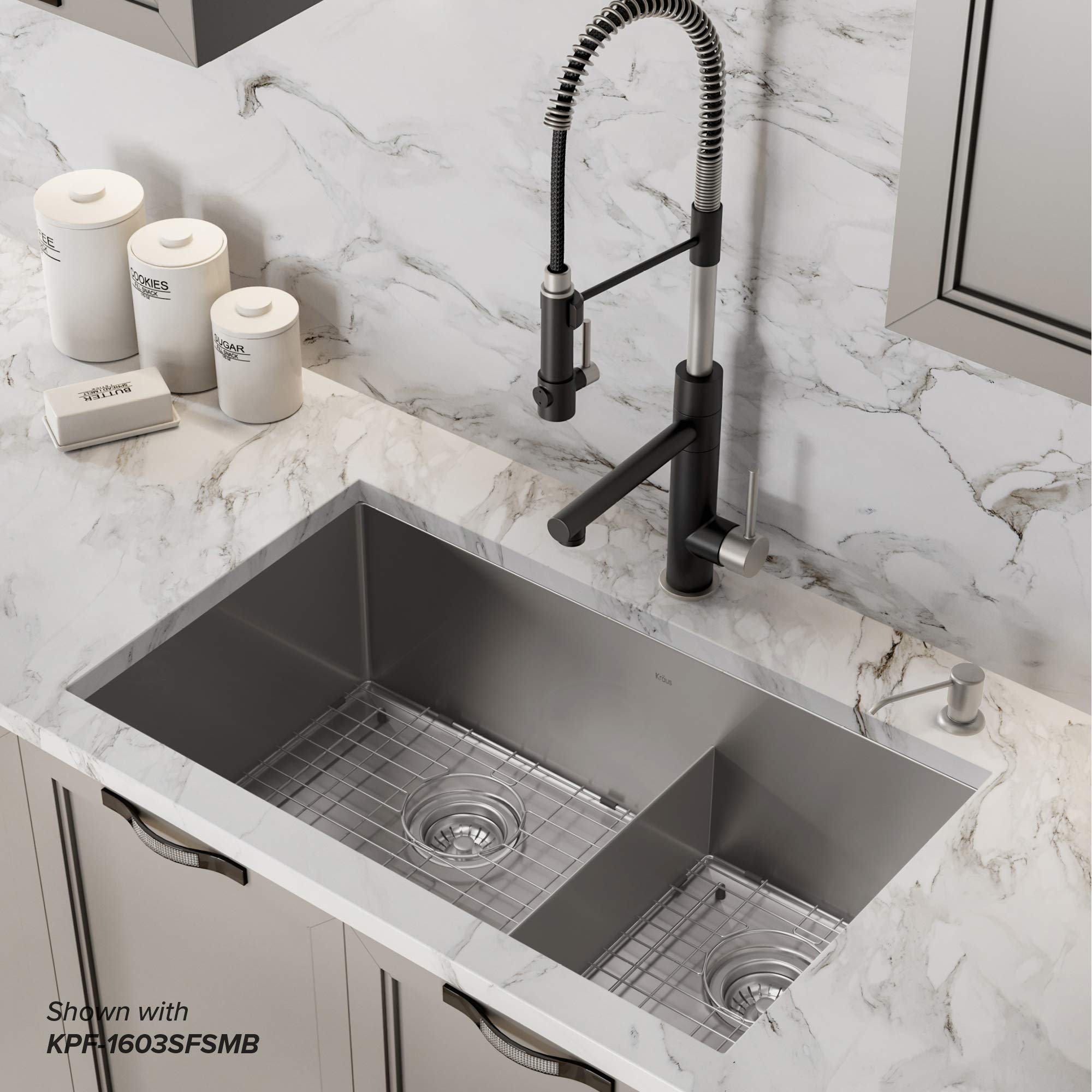 KRAUS Standard PRO™ 32-inch 16 Gauge Undermount 60/40 Double Bowl Stainless Steel Kitchen Sink with WasteGuard™ Continuous Feed Garbage Disposal - KHU103-32-100-75MB | Perfect for Modern Kitchens, Dishwashing & Food Prep