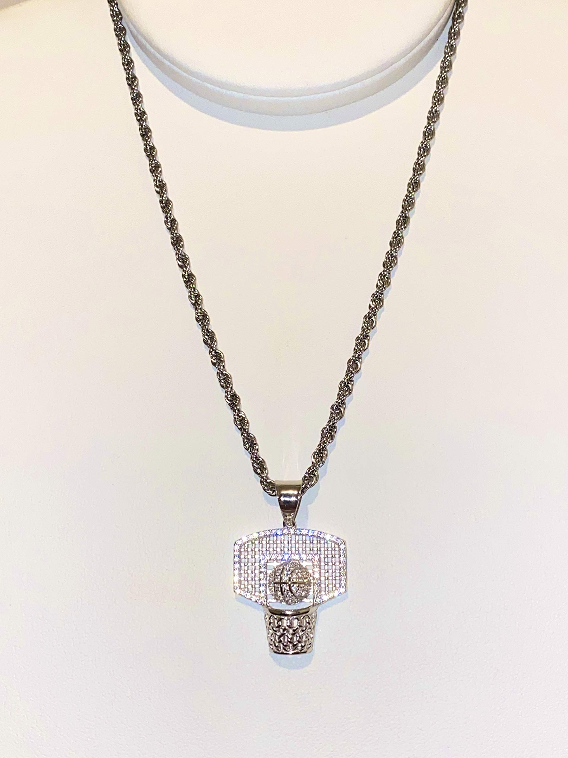 925 Sterling Silver Iced Basketball Charm Pendant with 2mm Stainless Steel Rope Chain Necklace for Men & Women - Hip Hop Jewelry, Gift for Basketball Lovers, Perfect for Streetwear & Casual Outfits