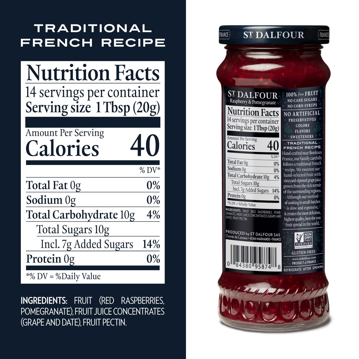 St. Dalfour Raspberry & Pomegranate Fruit Spread - 10oz Jar - 100% Natural Fruit, No Added Sugar, Non-GMO, Vegan, Gluten-Free - Perfect for Toast, Yogurt, Pancakes & Healthy Snacks