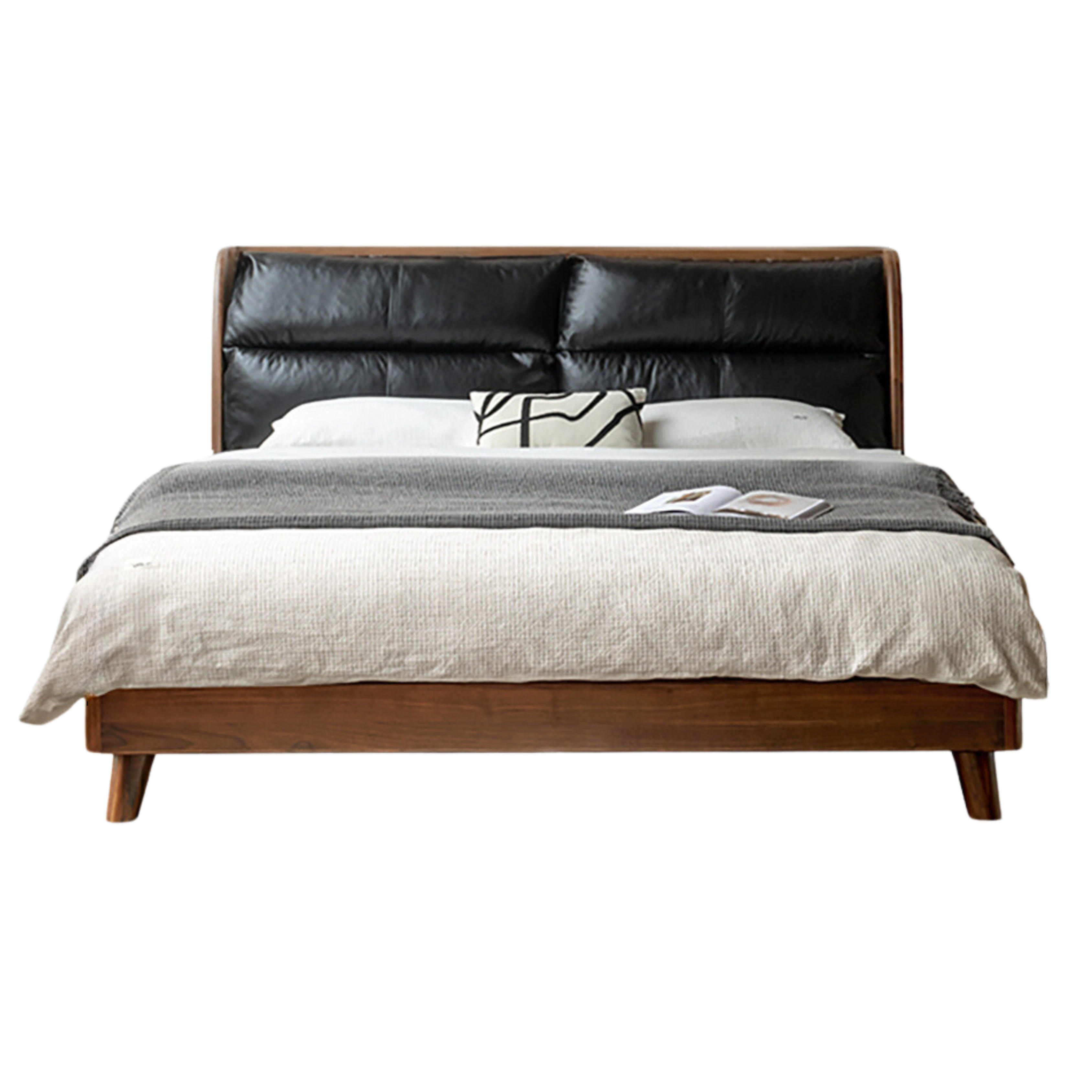 Premium Black Walnut Solid Wood Leather & Tech Fabric Bed Frame - Modern Platform Bed for Master Bedroom, Guest Room & Dormitory