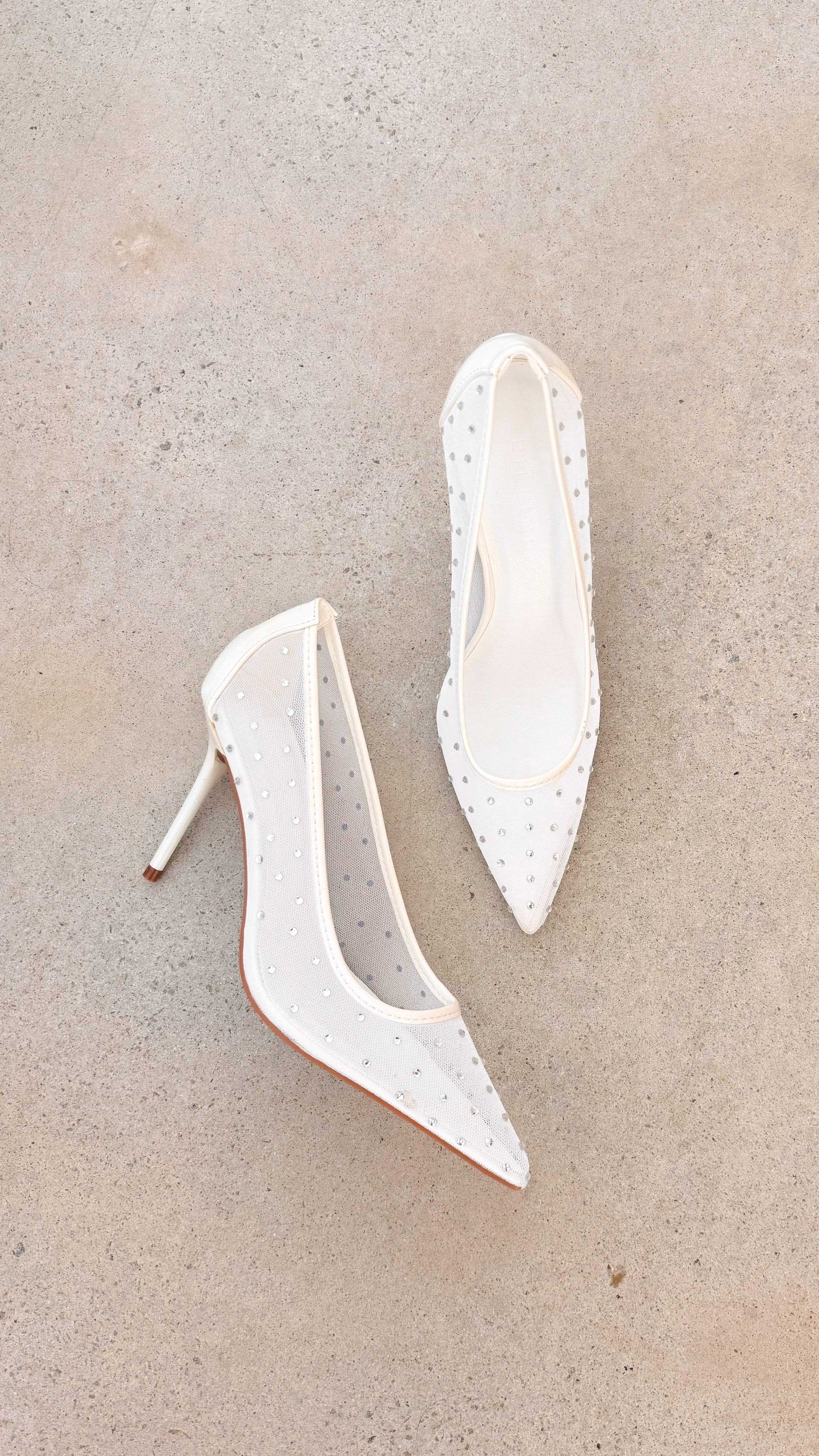 Lee Women's White Mesh Diamante Heels - Elegant Dress Shoes for Parties, Weddings & Evening Events