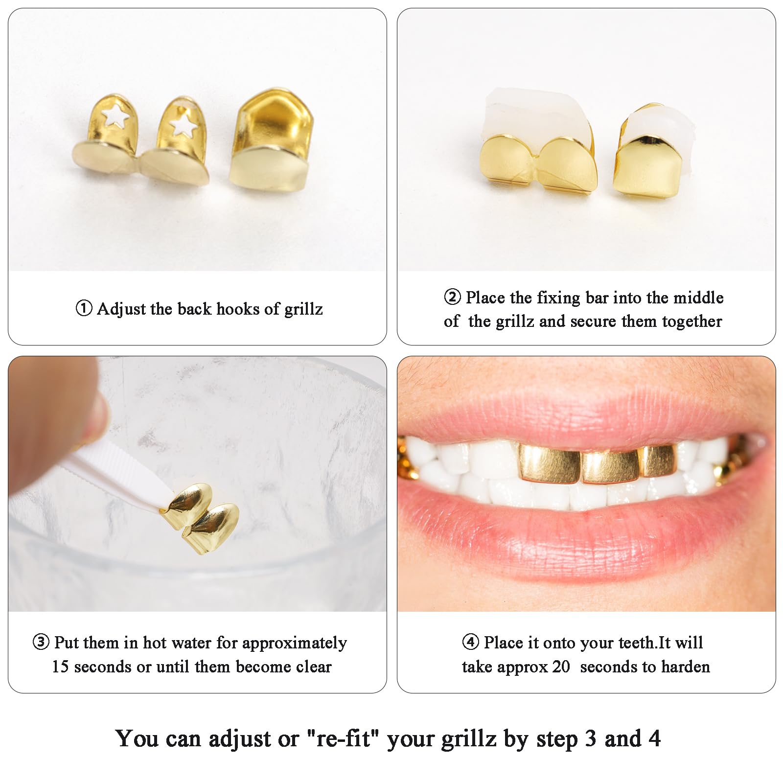 4Pcs Gold & Silver Plated Hip Hop Tooth Grillz - Top Teeth Caps for Men & Women | Perfect for Rappers, Performers, Halloween Costumes & Party Accessories
