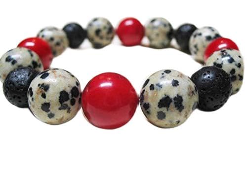 Red Coral Lava Stone Dalmatian Jasper Bracelet for Women - 12mm Root Chakra Healing Jewelry, Black & Red Beaded Spiritual Gift for Meditation, Yoga & Energy Balancing