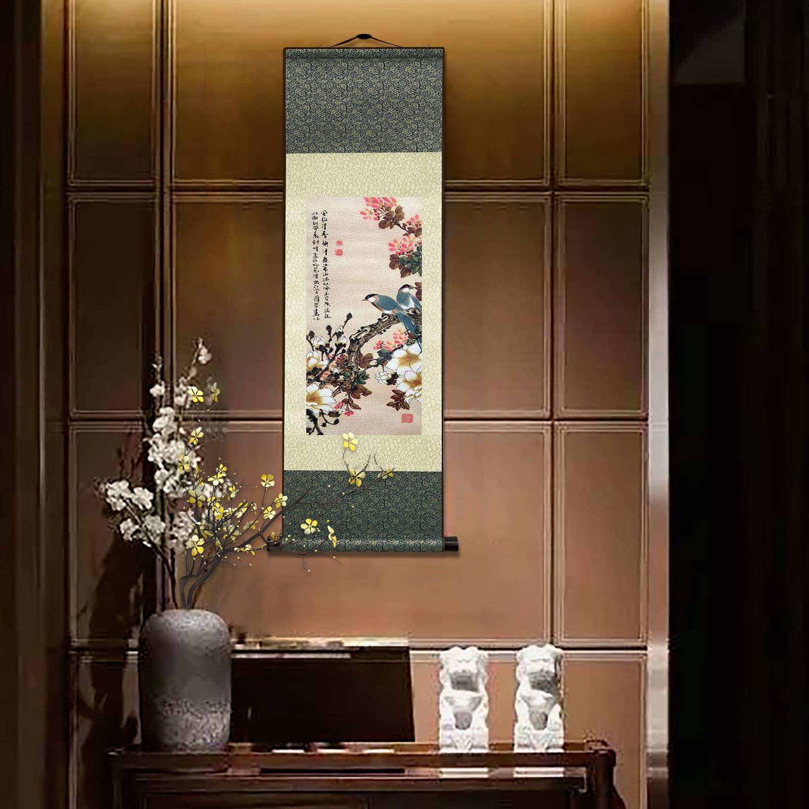 ATFArt Asian Wall Decor - Exquisite Silk Scroll Painting of Flowers and Birds, Oriental Chinese Art Wall Hanging (36.2 x 12 Inch) - Perfect for Living Room, Bedroom, Office & Meditation Space Decor