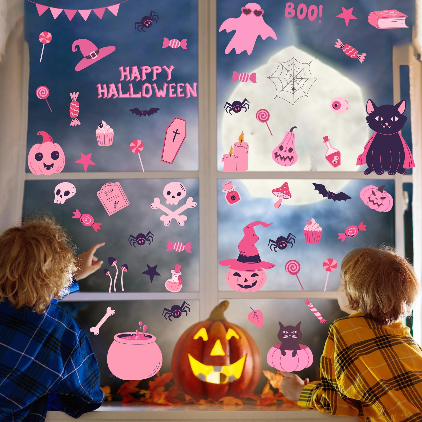 9 Sheets Halloween Window Clings - Pink Pumpkin, Bat, Skull, Boo Cat & Spider Web Ghost Stickers | Double-Sided Glass Decals for Halloween Party & Home Decor | Perfect for Windows, Doors & Mirrors