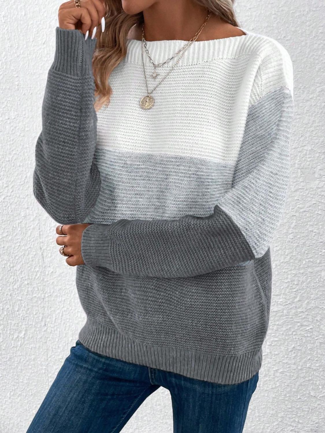 Stylish Color Block Boat Neck Sweater for Women | Trendy Knit Pullover | Perfect for Fall Layering & Casual Outfits
