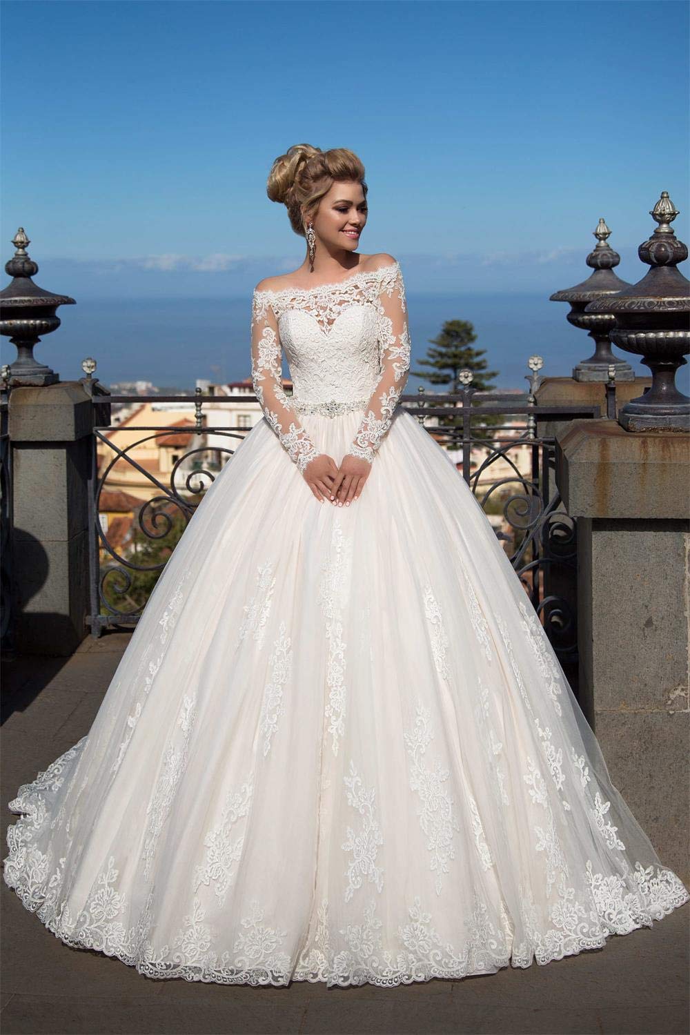 Ivory Lace Beaded Beach Wedding Dress for Bride 2021 - Long Sleeve Princess Bridal Gown - Perfect for Beach Weddings, Outdoor Ceremonies & Romantic Photos