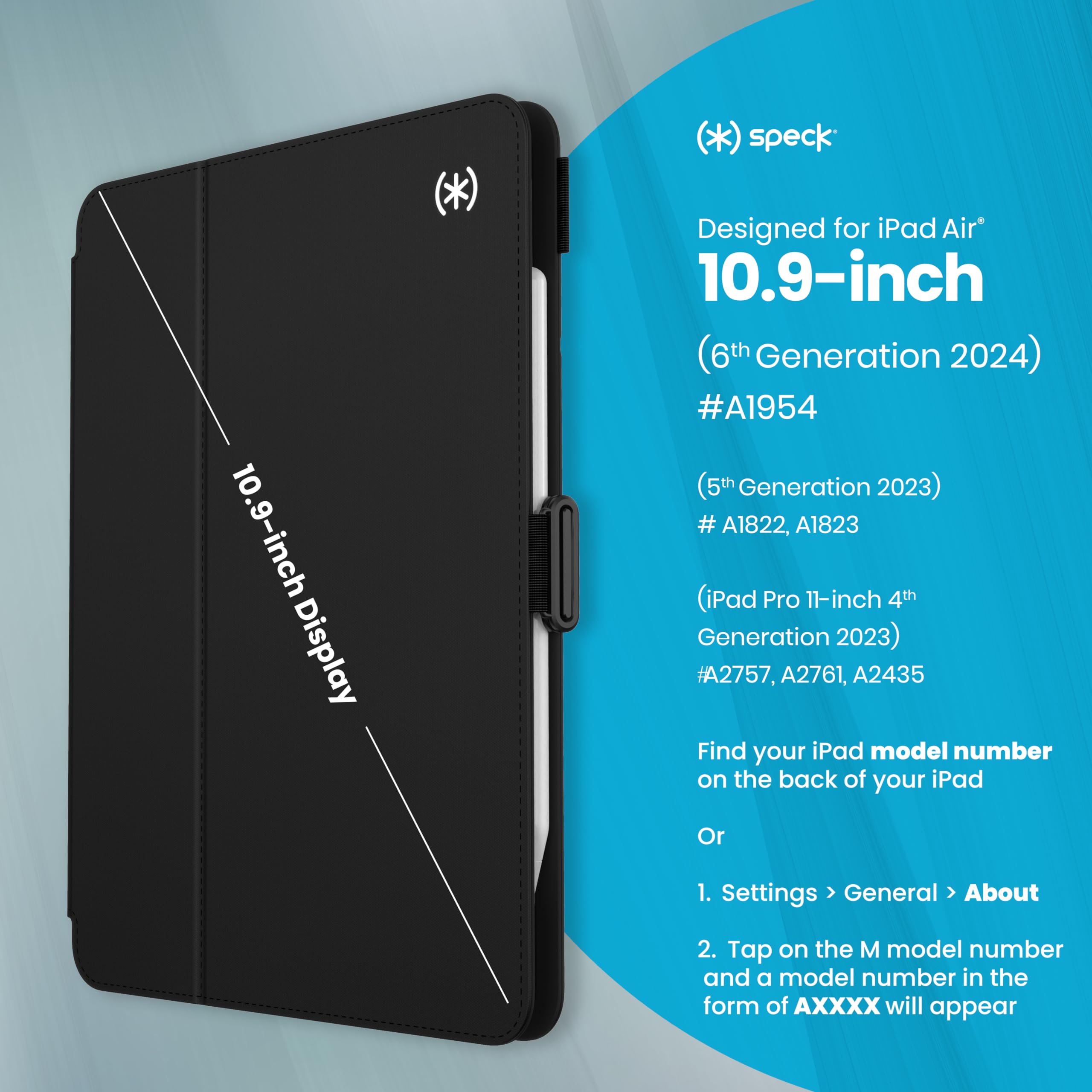Speck iPad Air 11 Case (2024/2022/2020, 6th/5th/4th Gen) - Slim Protective Cover with Pencil Holder, Drop & Camera Protection, Multi-Angle Stand - Black/Black/White | Perfect for Work, Travel & Everyday Use