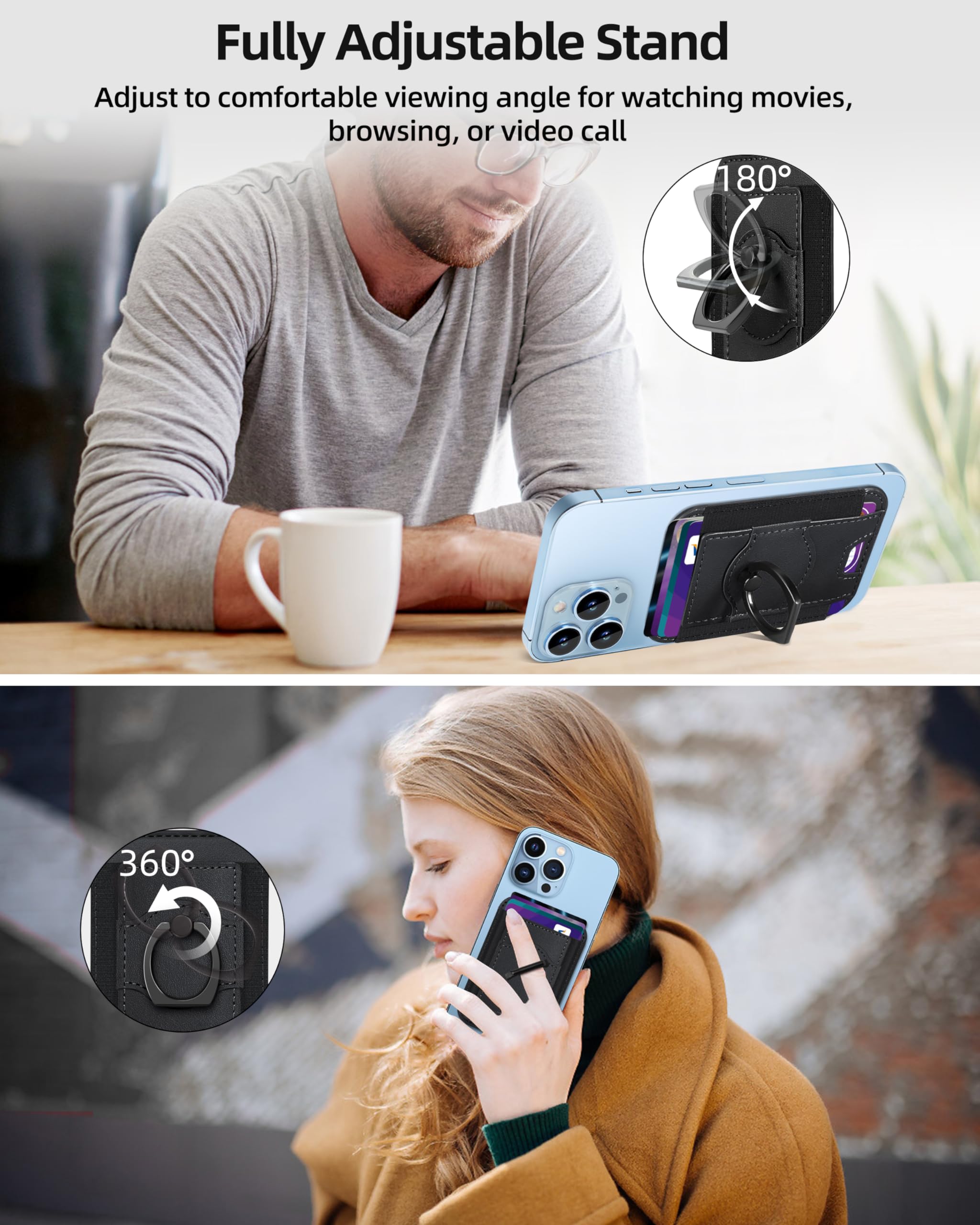Premium MagSafe Wallet with Ring Grip - Strong Magnetic Card Holder for iPhone 15/14/13/12 Series | 360° Rotating Minimalist Phone Stand | Holds 7 Cards | RFID Blocking | Genuine Leather | Slim Black Design - Perfect for Everyday Carry & Secure Contactless Payments