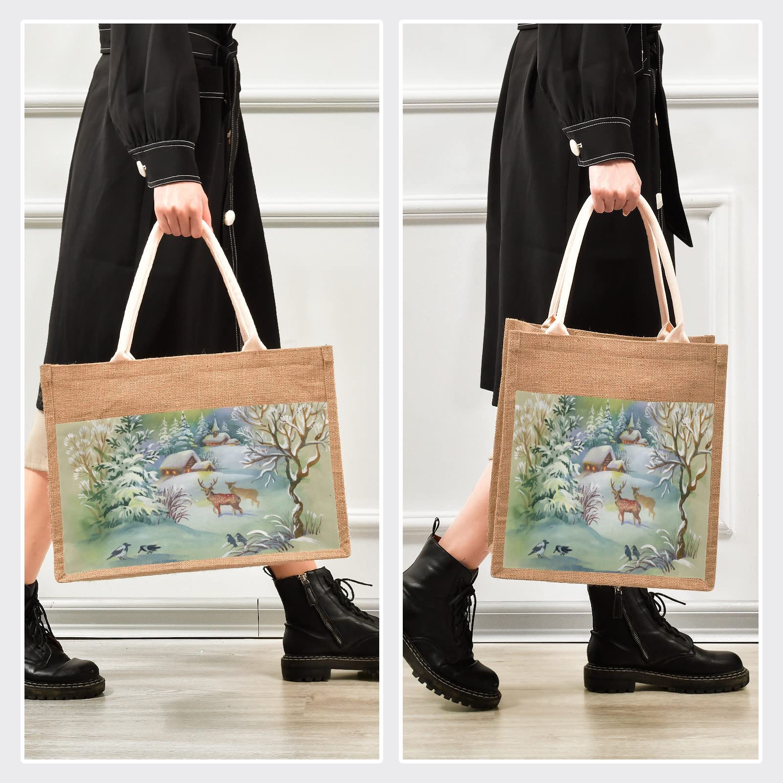 Linqin Deer Jute Tote Bag - Waterproof Burlap Straw Grocery Shopping Bag for Women - Eco-Friendly Reusable Beach Tote for Travel, Market & Daily Use