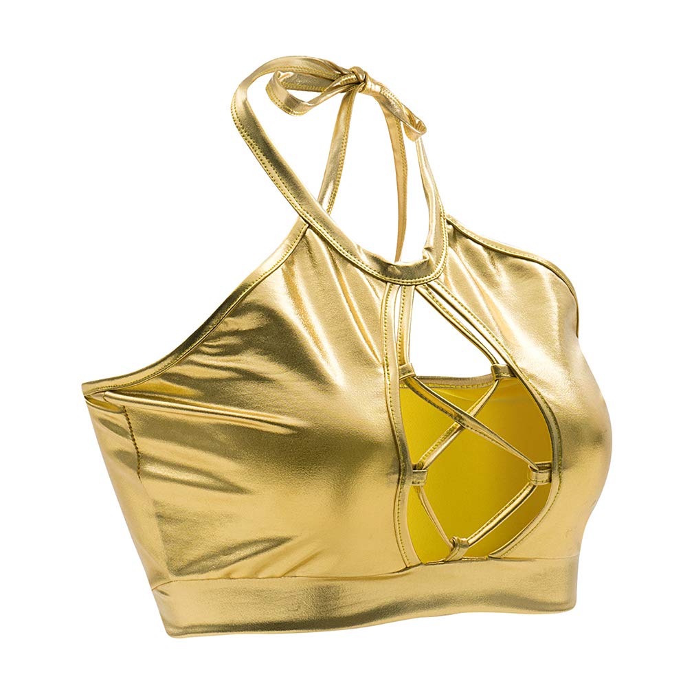 Women's Metallic Keyhole Cutout Backless Halter Rave Dance Crop Tube Top Bra - Sexy Clubwear for Parties, Festivals & Nightlife
