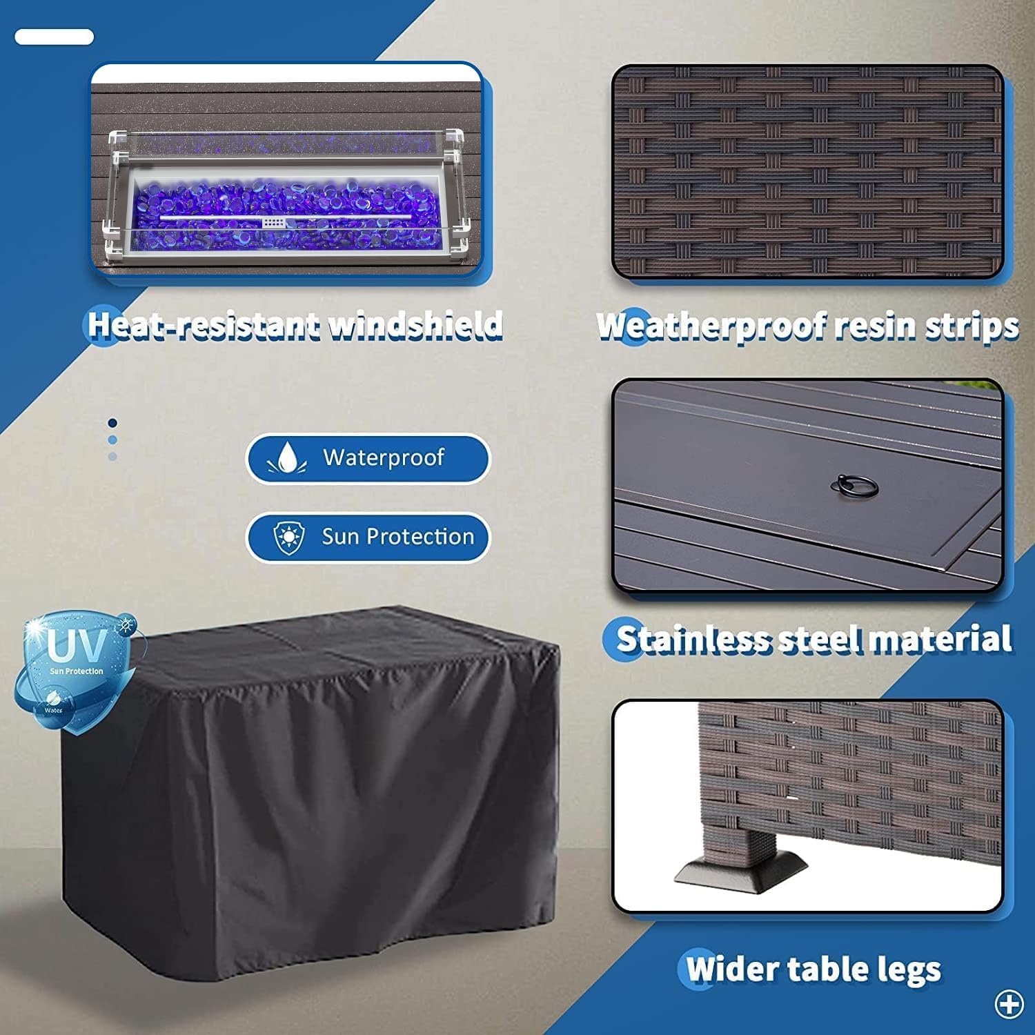 8-Piece Outdoor Patio Furniture Set with 55000 BTU Propane Fire Pit Table - PE Wicker Rattan Sofa Conversation Set & Sectional Furniture with Tempered Glass Top - Navy Blue - Perfect for Backyard, Garden, and Poolside Relaxation