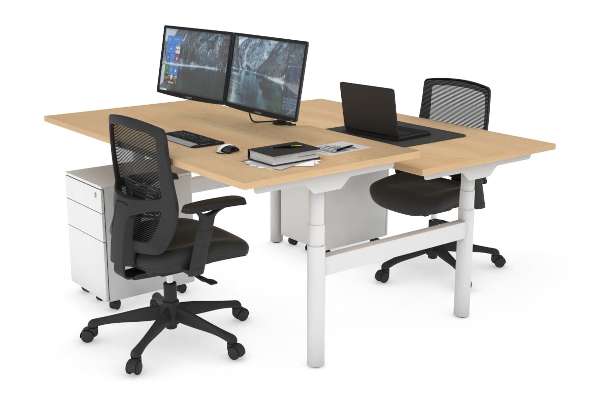 Flexi Premium Height Adjustable 2-Person H Bench Workstation - White Frame [1400L x 800W with Cable Management] - Ideal for Office, Home Workspace & Collaborative Environments