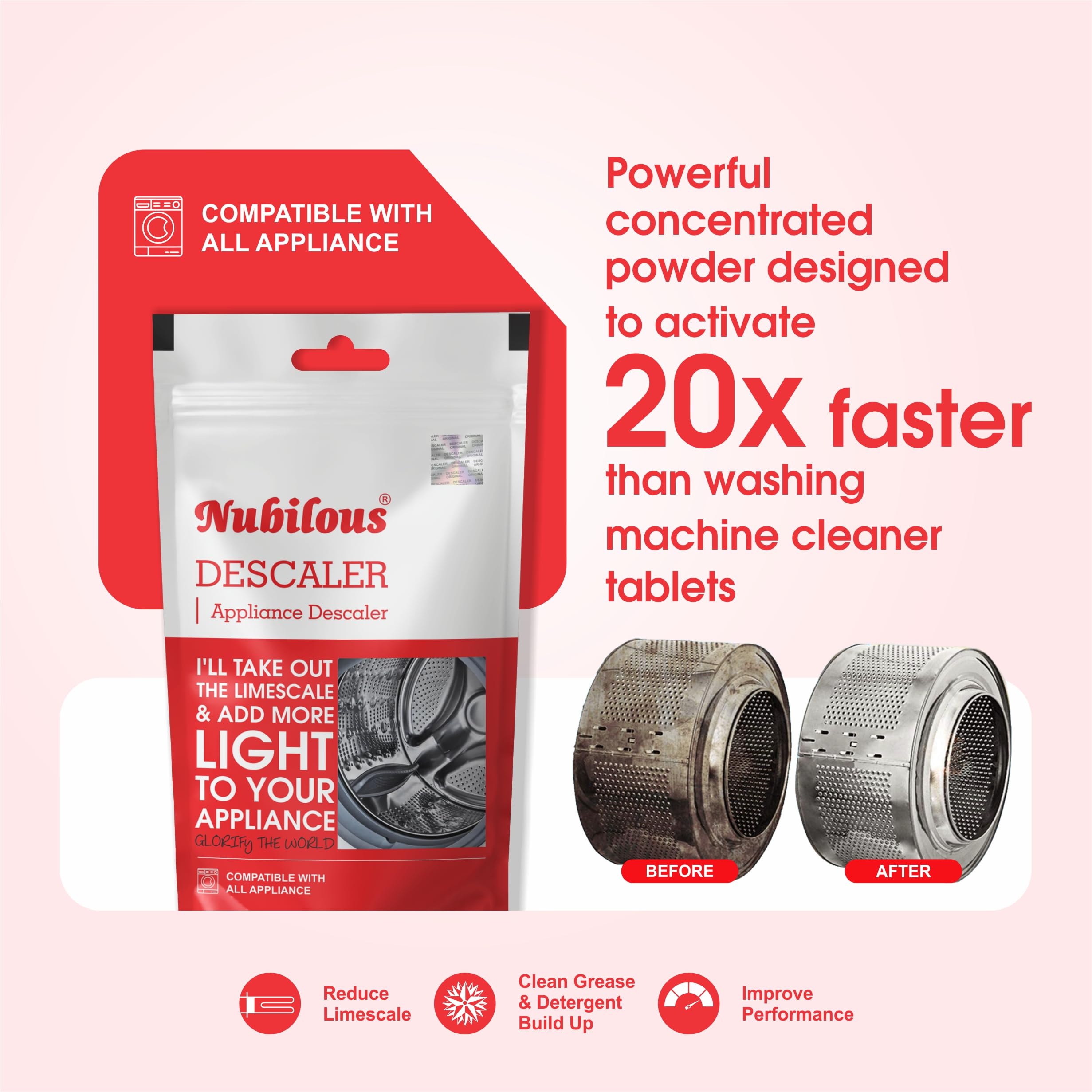 Nubilous Washing Machine Cleaner & Descaler Powder - 100g | Front Load & Top Load Compatible | Removes Odor, Limescale & Residue | Ideal for Laundry Appliances, Dishwashers & Coffee Makers