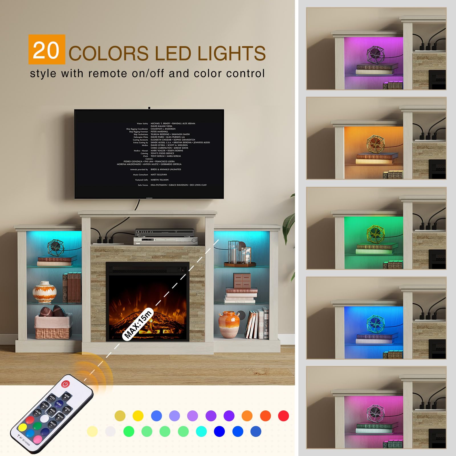 Rolanstar 55 Inch TV Stand with LED Lights & Power Outlets - Modern Fireplace TV Console for 32