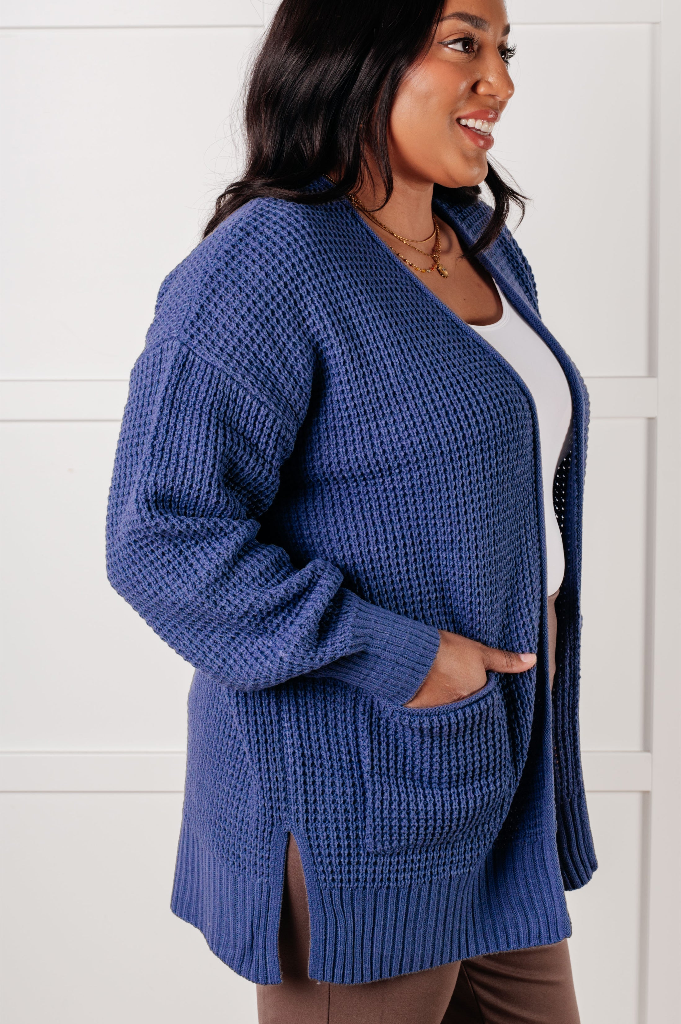 Everything Layer Waffle Knit Open Front Cardigan Sweater - Cozy Marlin Blue Long Sleeve Wrap Cardigan for Women | Perfect for Fall, Winter & Layering Outfits
