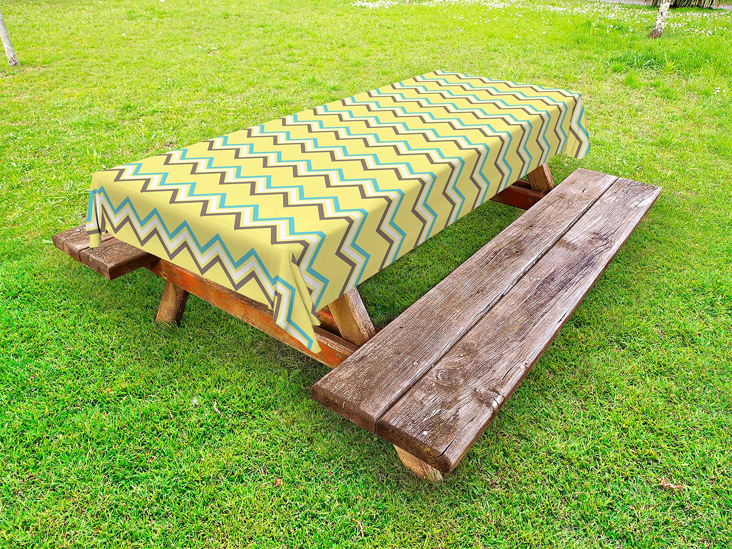 Ambesonne Yellow Chevron Outdoor Tablecloth - Retro Zigzag Pattern, Washable Picnic Table Cover 58x84 Inches - Yellow, Sky Blue, Charcoal Grey for Patio, BBQ, Garden Parties & Outdoor Dining
