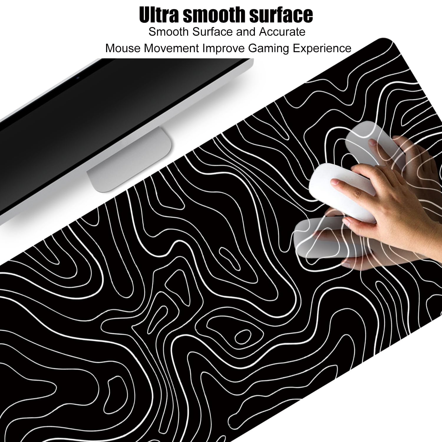 Large Gaming TOPO Keyboard Mouse Pad - Black & White Topographic Design with Anti-Slip Rubber Base - Extended XXL Desk Mat (31.5