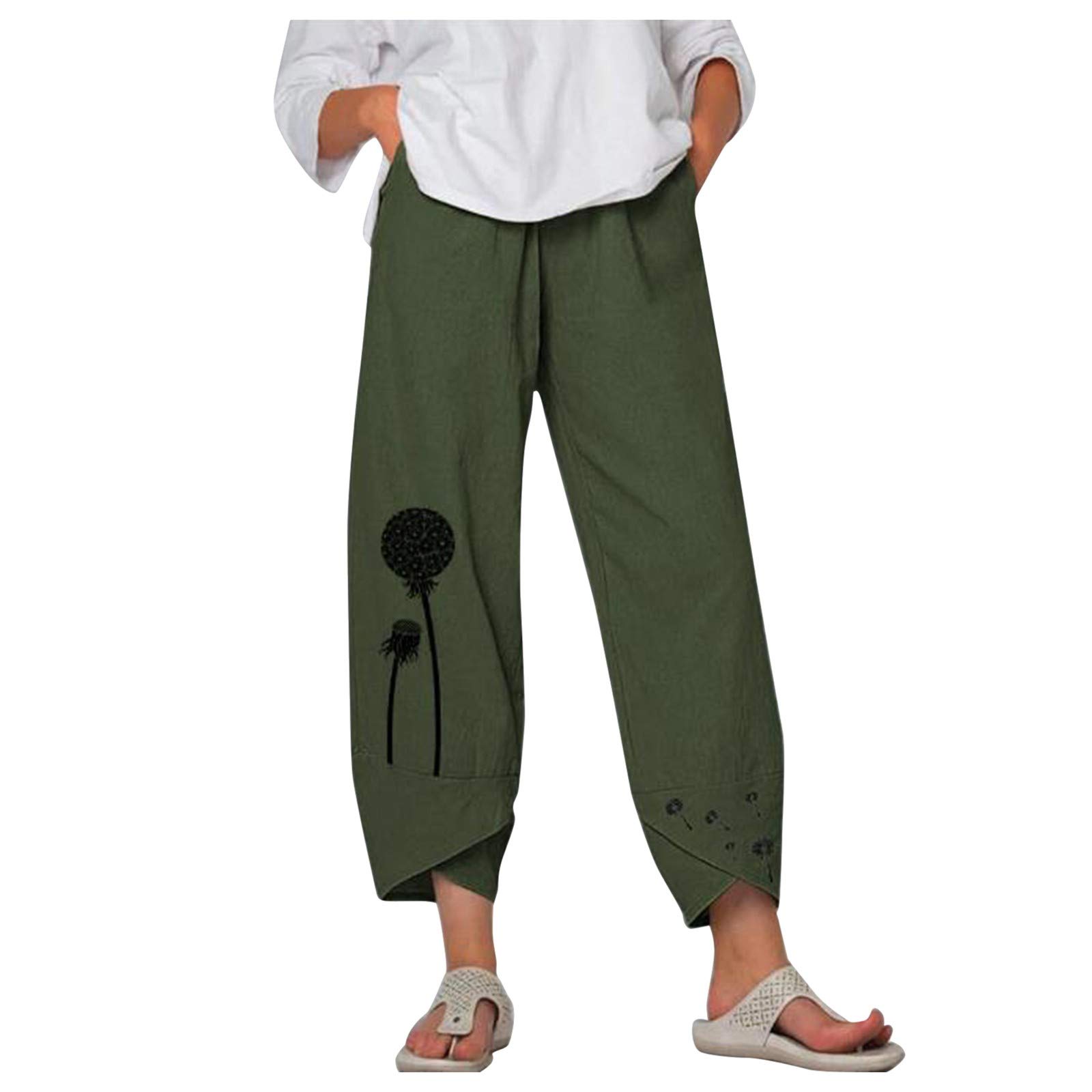 Women's Cotton Linen Pants - Floral Printed Lounge Pants with Pockets | Soft & Breathable Casual Trousers for Summer | Perfect for Yoga, Travel, and Home Relaxation