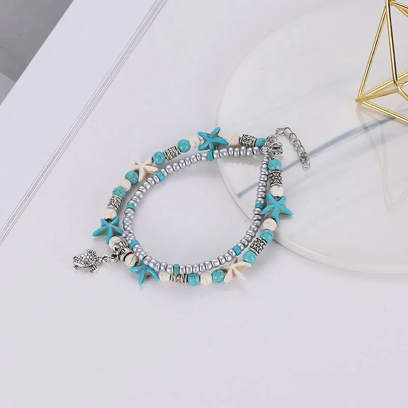 Boho Turquoise Glass Beaded Anklet Bracelet for Women - Handmade Adjustable Ankle Chain Jewelry | Perfect for Beach, Festival, Summer Outfits & Boho Style Accessories | X1805