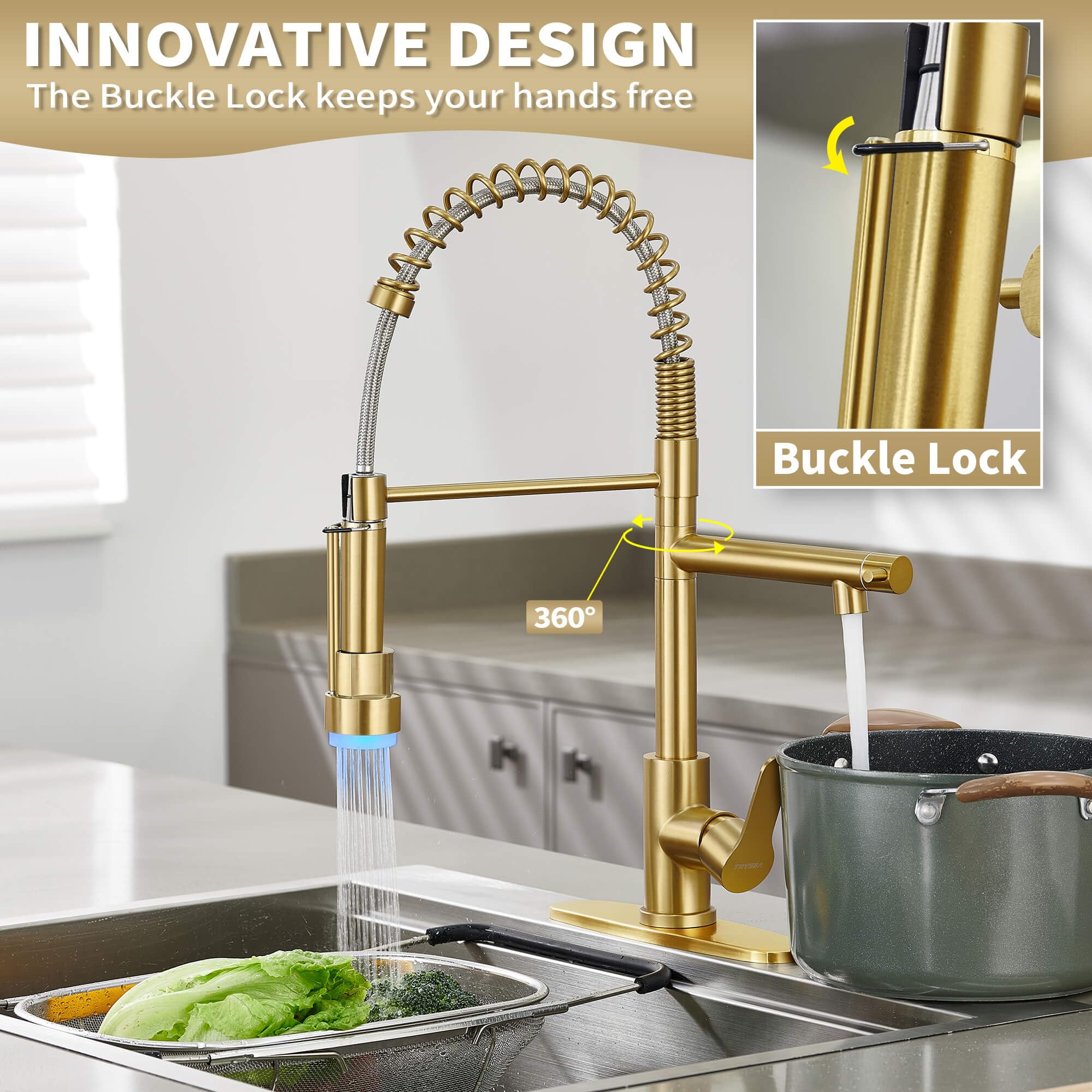 Modern Stainless Steel Kitchen Faucet with Pull Down Sprayer & LED Light - Brushed Gold Dual Spout Sink Faucet with Pot Filler - Perfect for Cooking, Washing Dishes & Filling Pots in Contemporary Kitchens