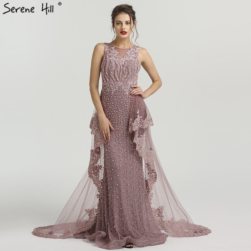 Elegant Pink Mermaid Evening Dress with Pearls - Sexy Sleeveless Off-Shoulder Gown for Women, Luxury Beaded Prom Dress for Special Occasions - Perfect for Weddings, Galas, and Red Carpet Events