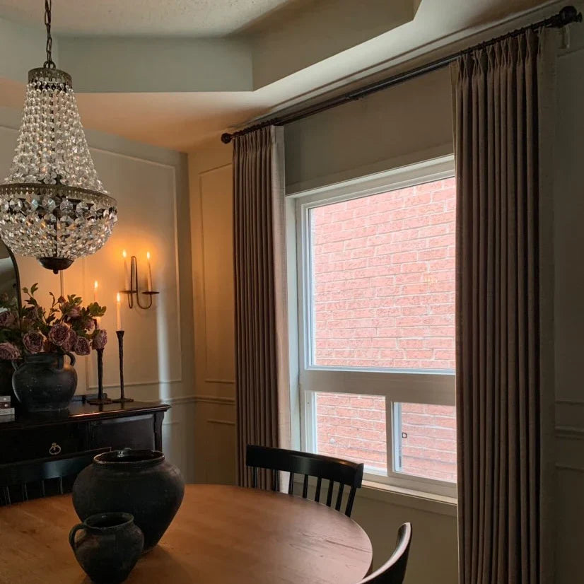 Pinch Pleated Blackout Curtains - Linen Memory Fabric, Natural Oak & Dim Grey - Modern Custom Drapes for Living Room & Bedroom - Light Blocking & Noise Reducing Window Treatments