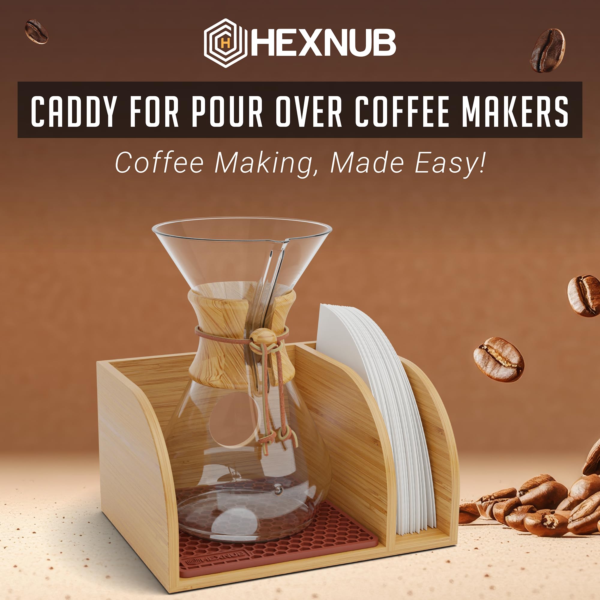 HEXNUB Bamboo Coffee Dripper Stand - Universal Holder for Chemex, Bodum, Cosori Pour Over Coffee Makers with Heatproof Base | Perfect for Home Brewing, Specialty Coffee Shops & Barista Stations