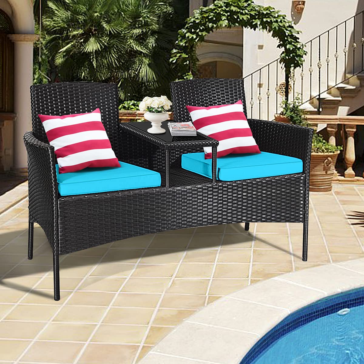 Modern Outdoor Rattan Loveseat Sofa Set with Cushions & Coffee Table - Patio Conversation Furniture with Tempered Glass Top - Perfect for Garden, Lawn, Backyard & Poolside Relaxation (Turquoise)